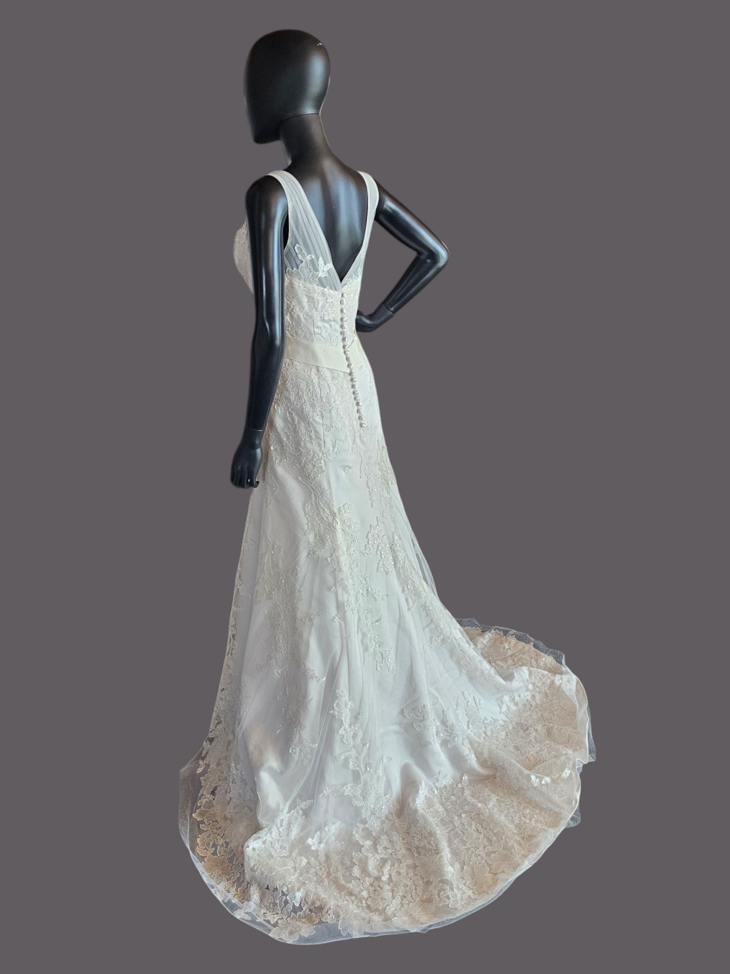 V-Neck Lace Applique Fit & Flare Wedding Gown - Oleg Cassini