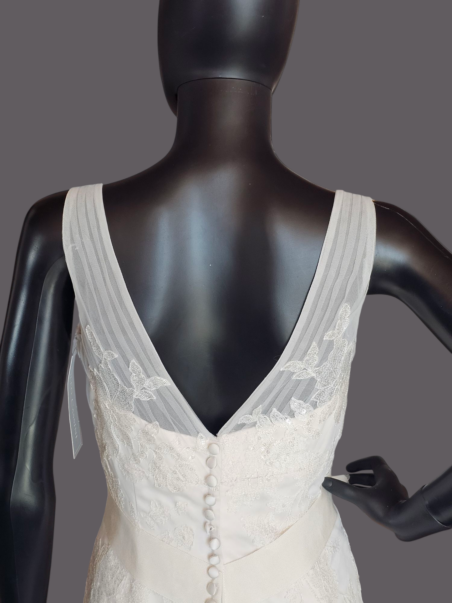 V-Neck Lace Applique Fit & Flare Wedding Gown - Oleg Cassini