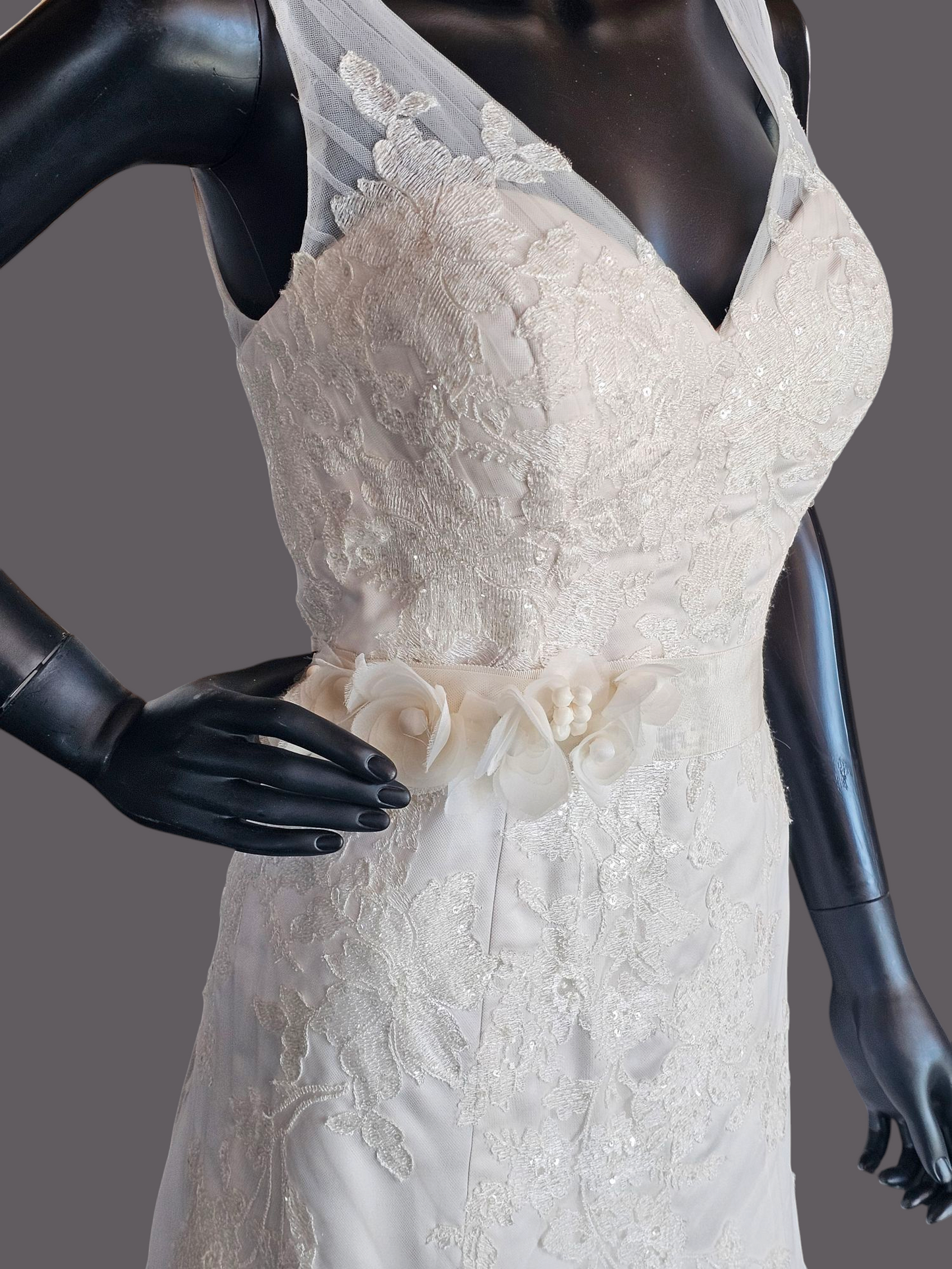 V-Neck Lace Applique Fit & Flare Wedding Gown - Oleg Cassini