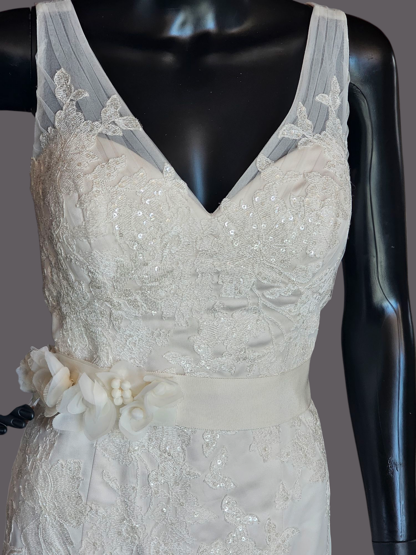 V-Neck Lace Applique Fit & Flare Wedding Gown - Oleg Cassini