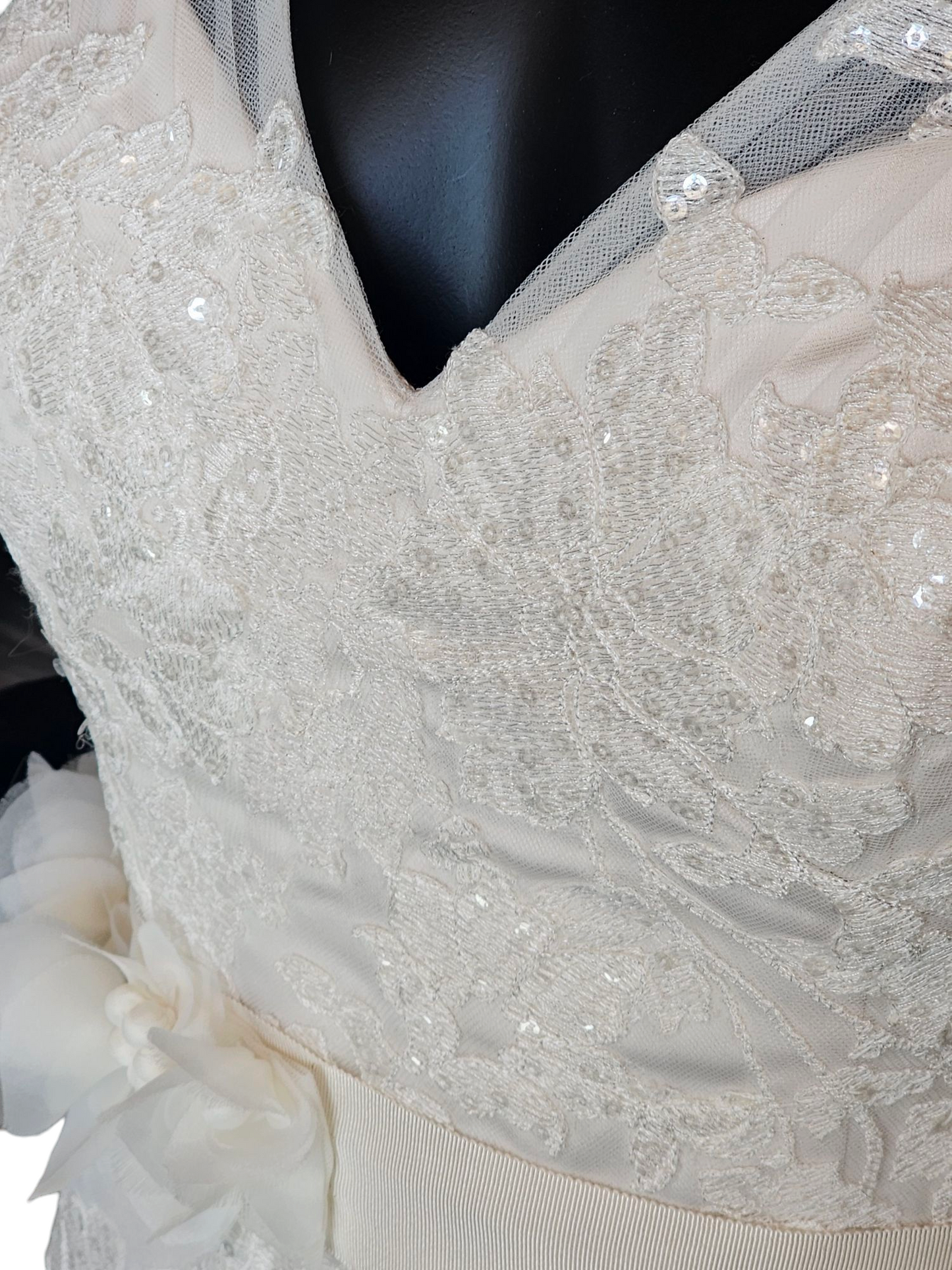 V-Neck Lace Applique Fit & Flare Wedding Gown - Oleg Cassini