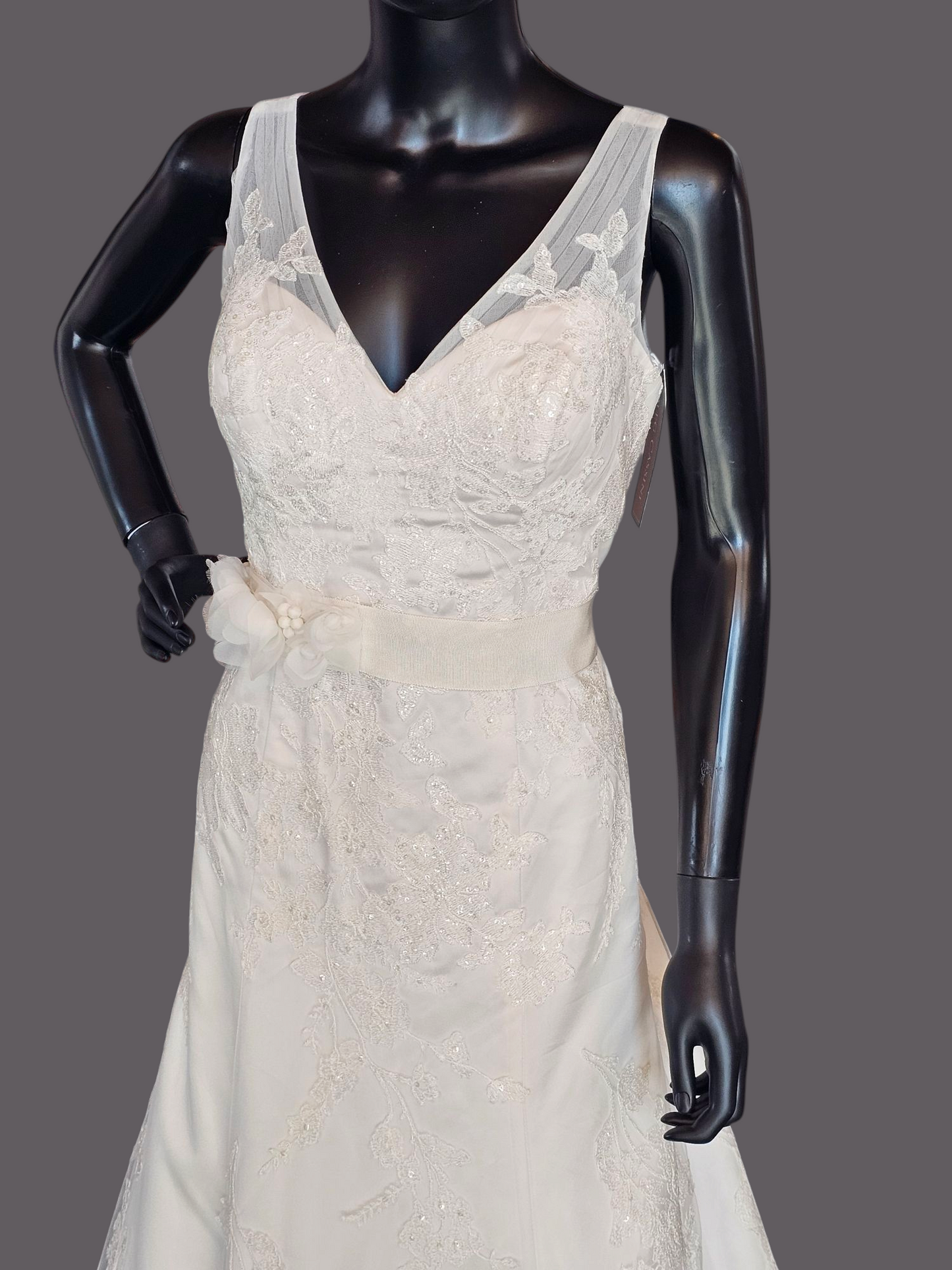 V-Neck Lace Applique Fit & Flare Wedding Gown - Oleg Cassini