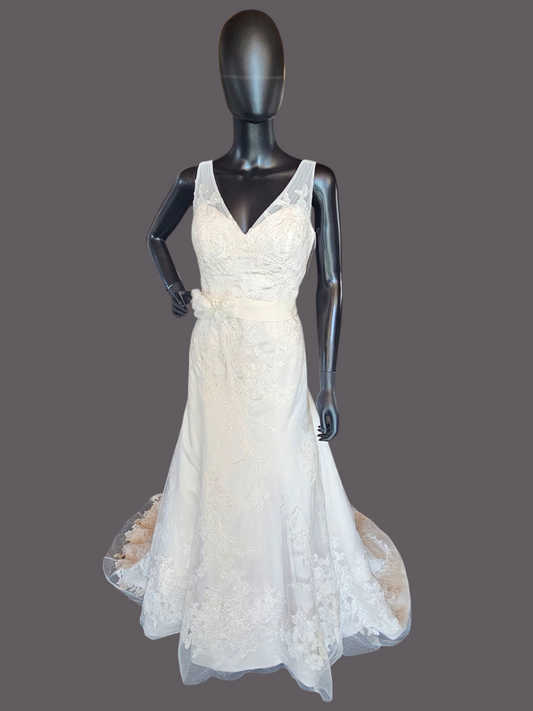 V-Neck Lace Applique Fit & Flare Wedding Gown - Oleg Cassini