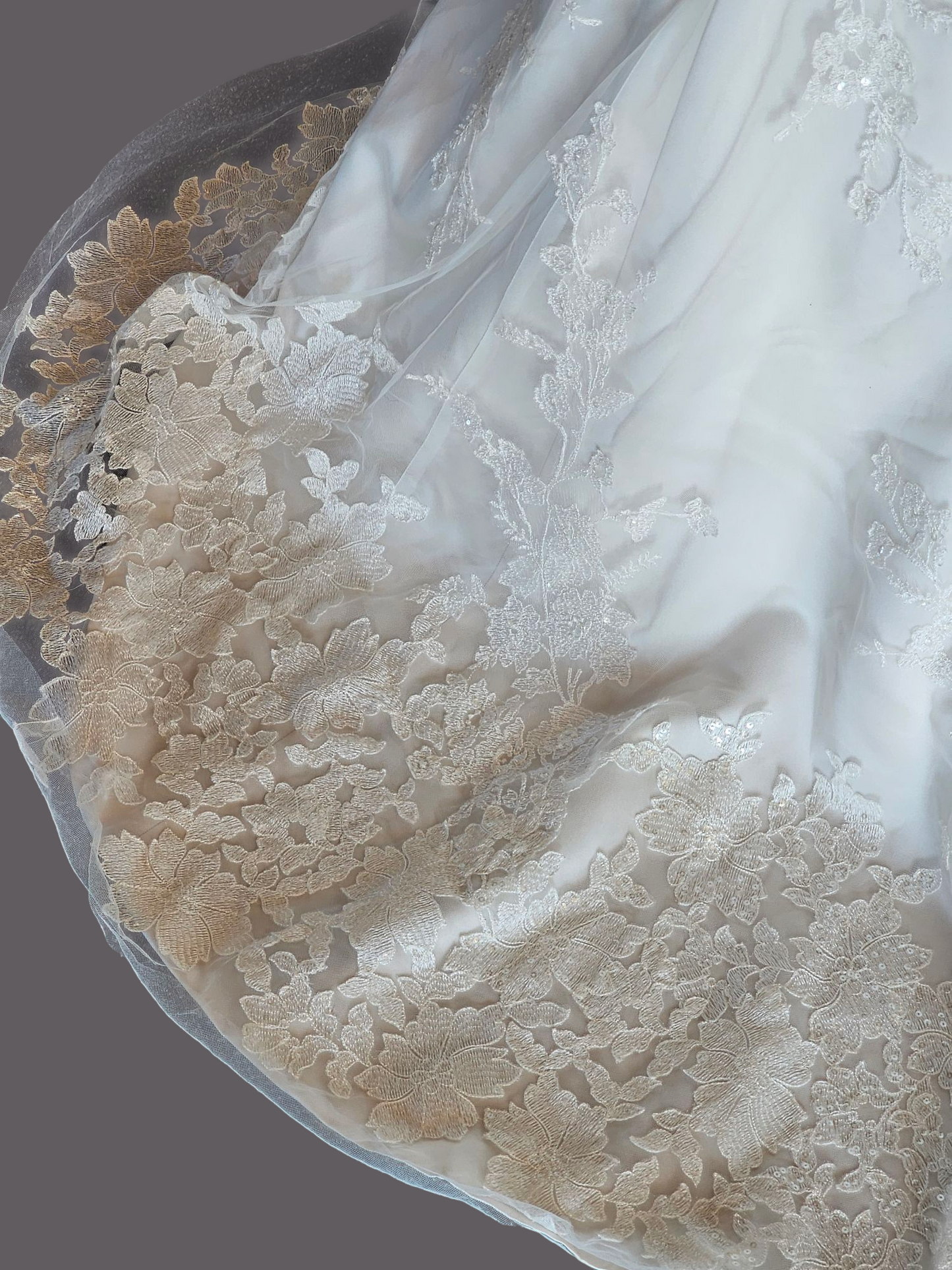 V-Neck Lace Applique Fit & Flare Wedding Gown - Oleg Cassini