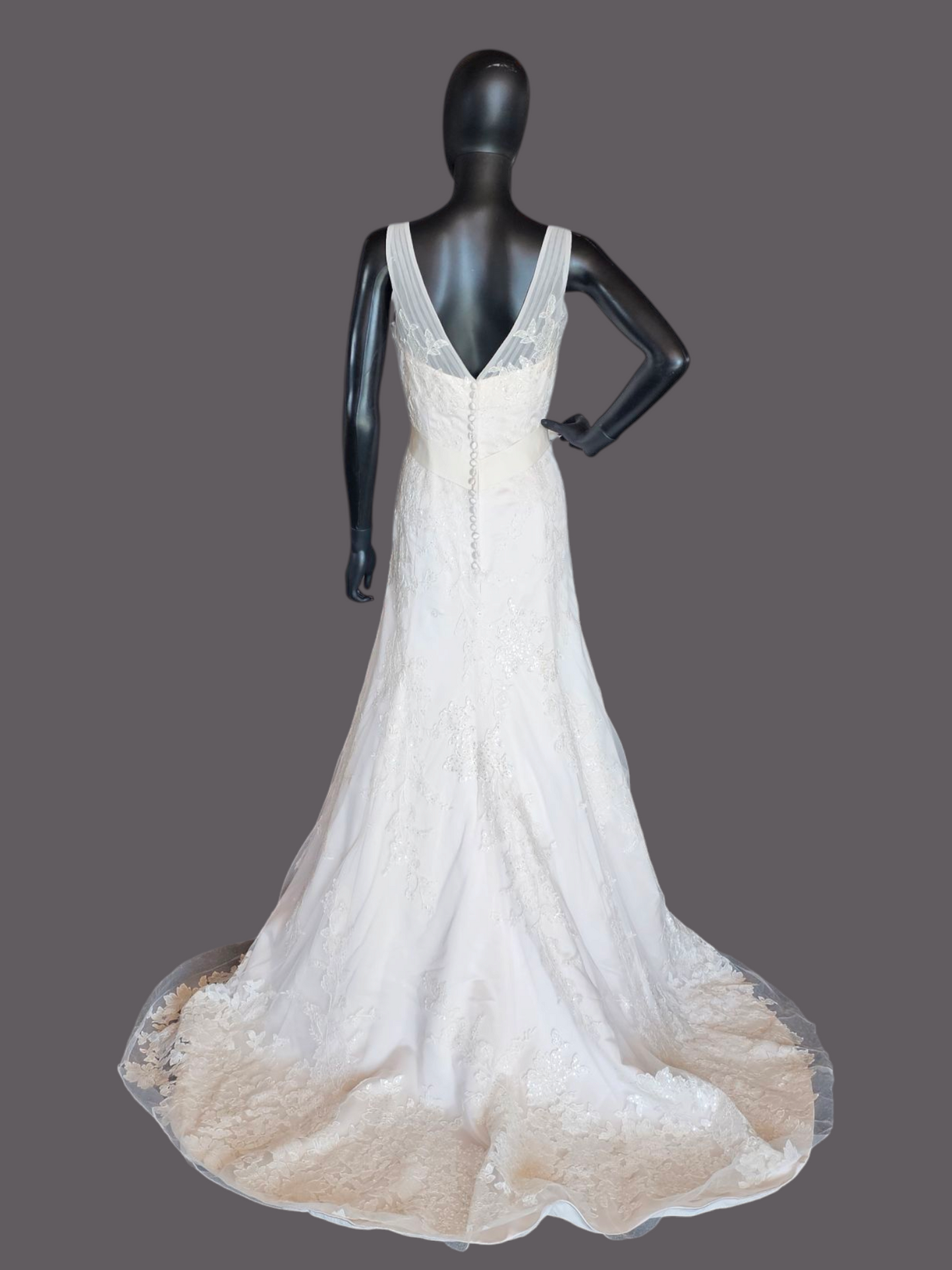 V-Neck Lace Applique Fit & Flare Wedding Gown - Oleg Cassini