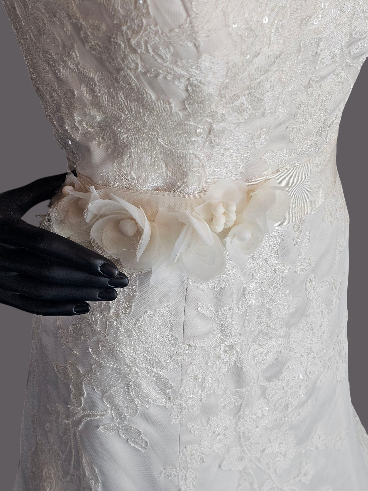 V-Neck Lace Applique Fit & Flare Wedding Gown - Oleg Cassini