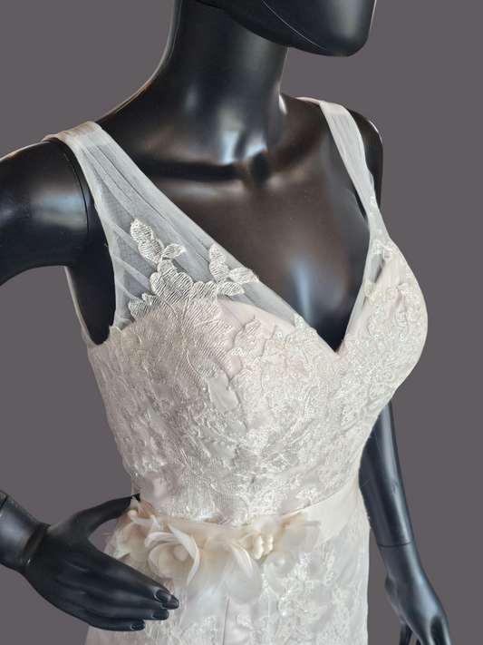 V-Neck Lace Applique Fit & Flare Wedding Gown - Oleg Cassini