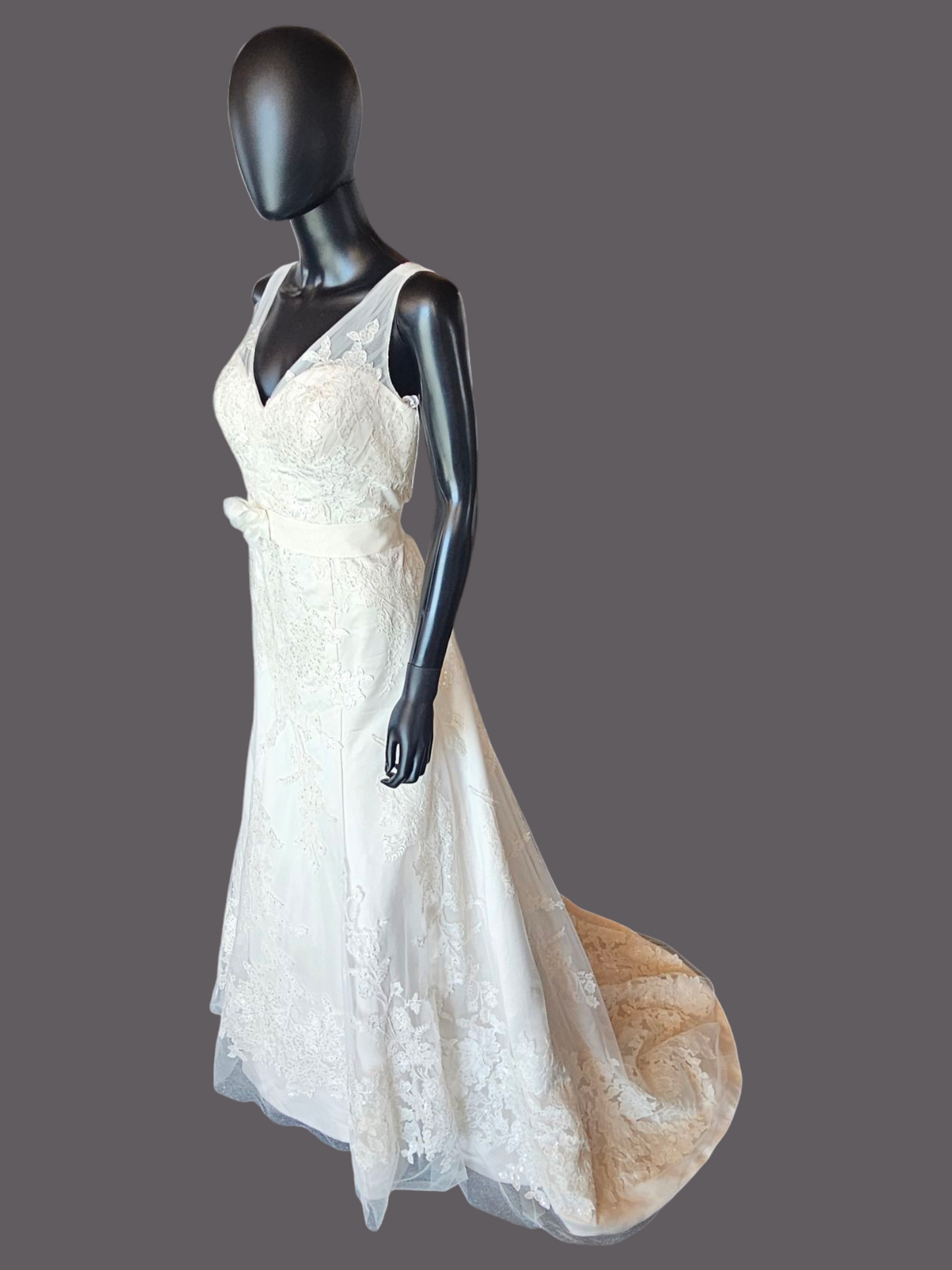 V-Neck Lace Applique Fit & Flare Wedding Gown - Oleg Cassini