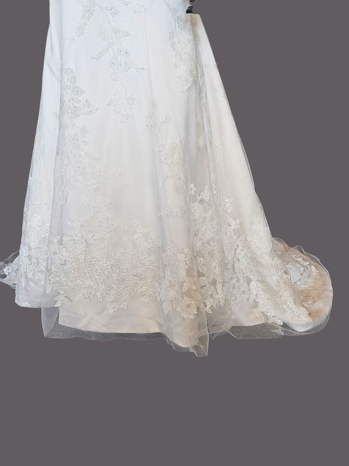 V-Neck Lace Applique Fit & Flare Wedding Gown - Oleg Cassini