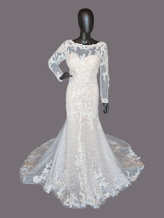 Blush Illusion Boat Neck Long Sleeve Fit & Flare Lace - Stella Couture