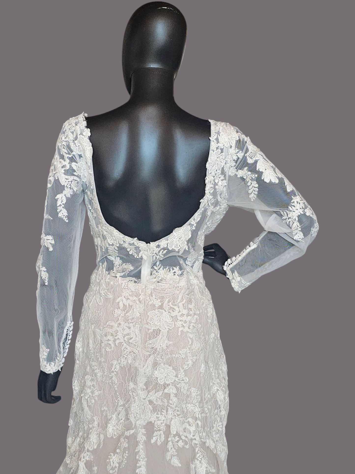 Blush Illusion Boat Neck Long Sleeve Fit & Flare Lace - Stella Couture