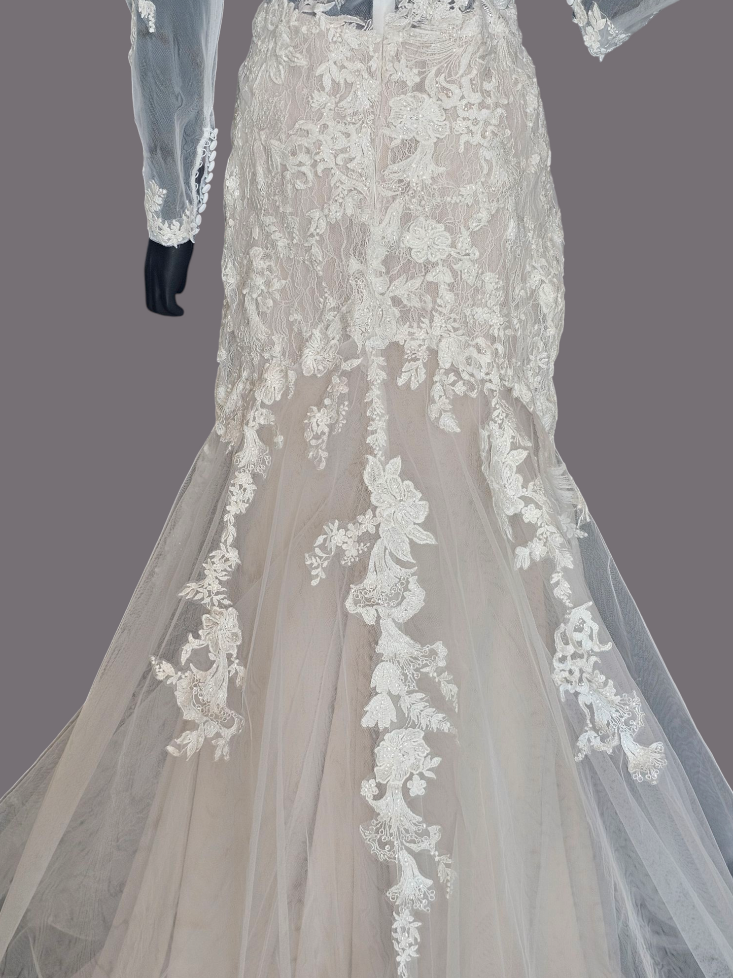 Blush Illusion Boat Neck Long Sleeve Fit & Flare Lace - Stella Couture