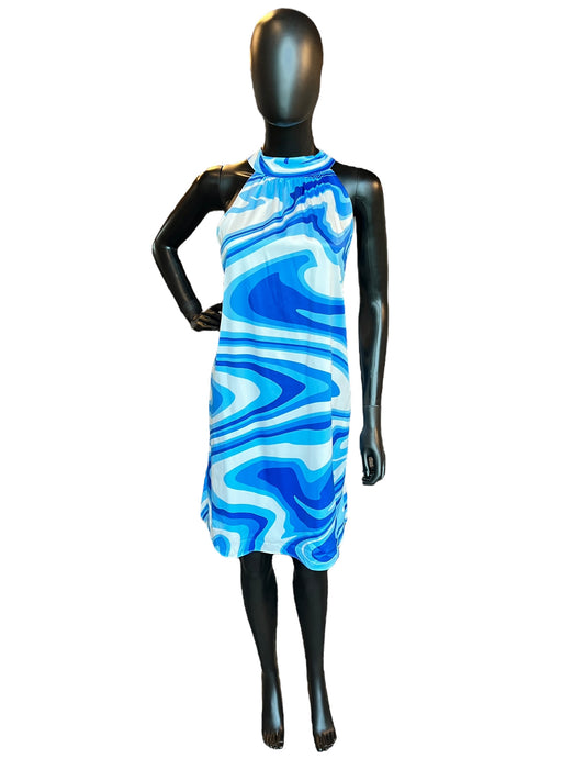 Blue Swirl Satin Halter Mid-Length Dress - NWT Premire Amour