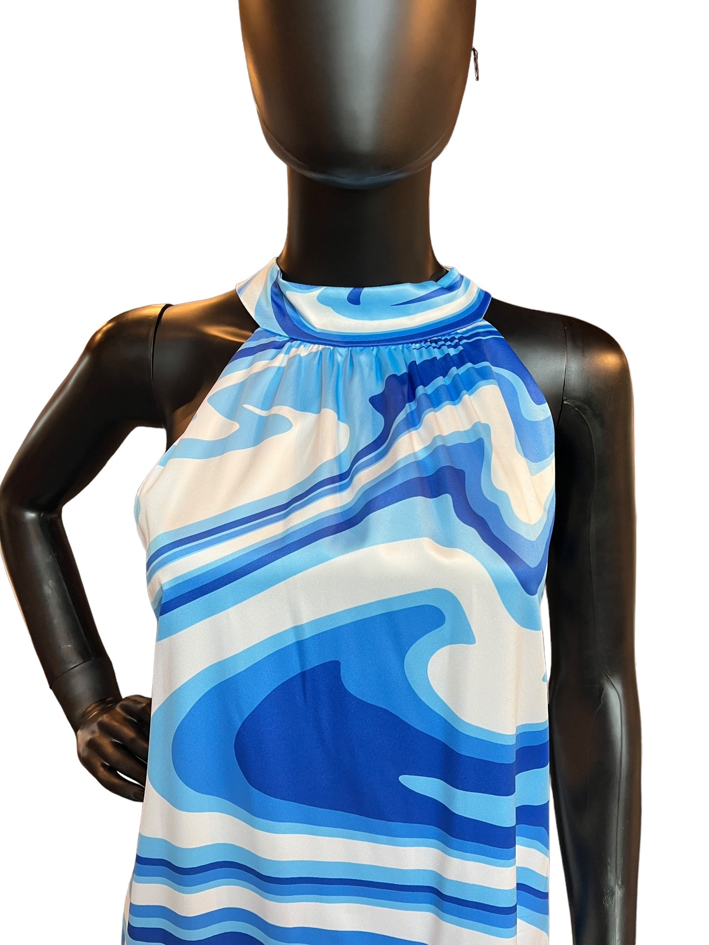 Blue Swirl Satin Halter Mid-Length Dress - NWT Premire Amour