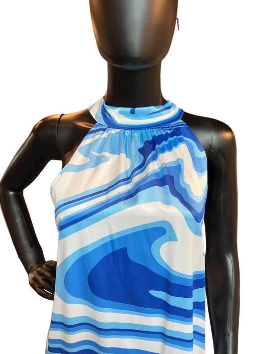 Blue Swirl Satin Halter Mid-Length Dress - NWT Premire Amour