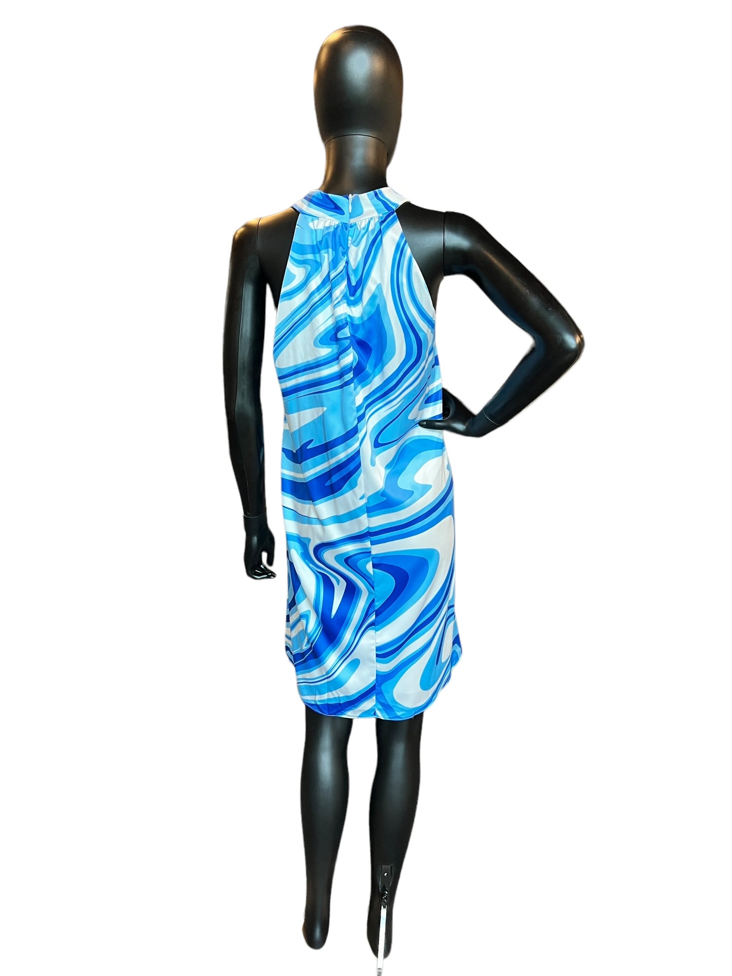 Blue Swirl Satin Halter Mid-Length Dress - NWT Premire Amour