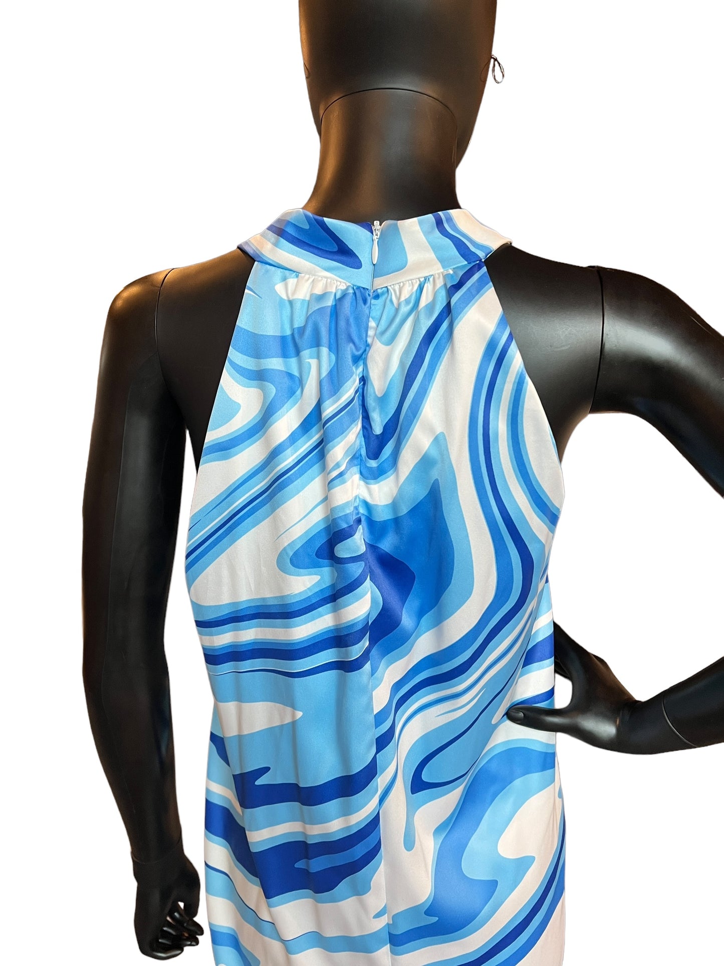 Blue Swirl Satin Halter Mid-Length Dress - NWT Premire Amour