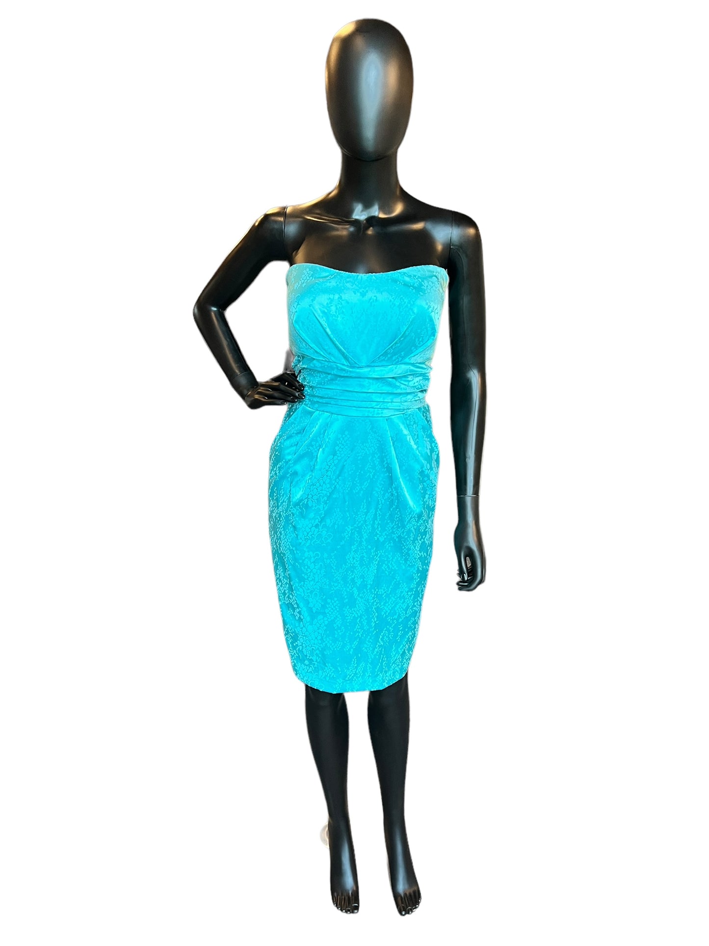 Turquois Brocade Strapless Mid-Length Dress