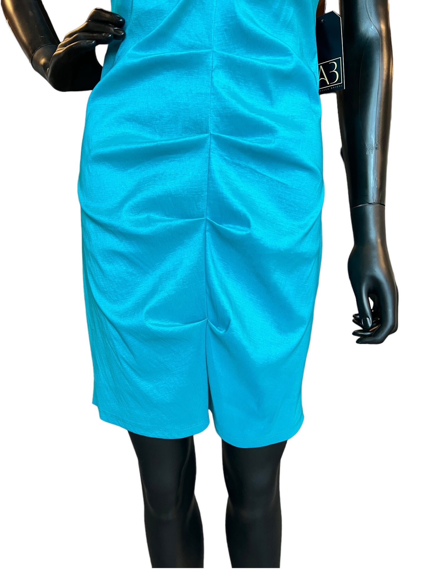 Turquoise Taffeta Floral Ruched Mid-Length Dress