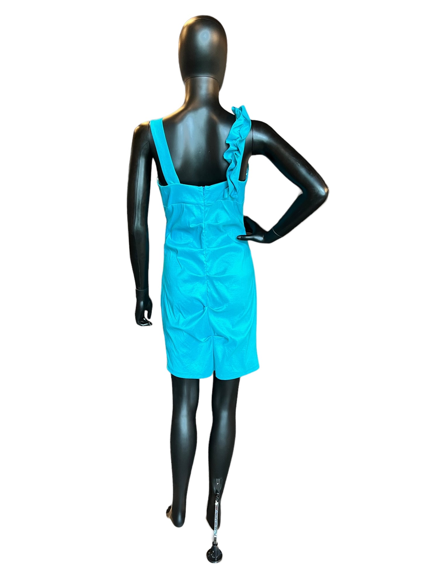 Turquoise Taffeta Floral Ruched Mid-Length Dress