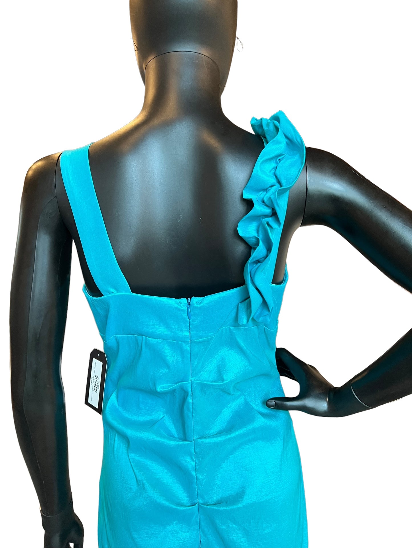 Turquoise Taffeta Floral Ruched Mid-Length Dress