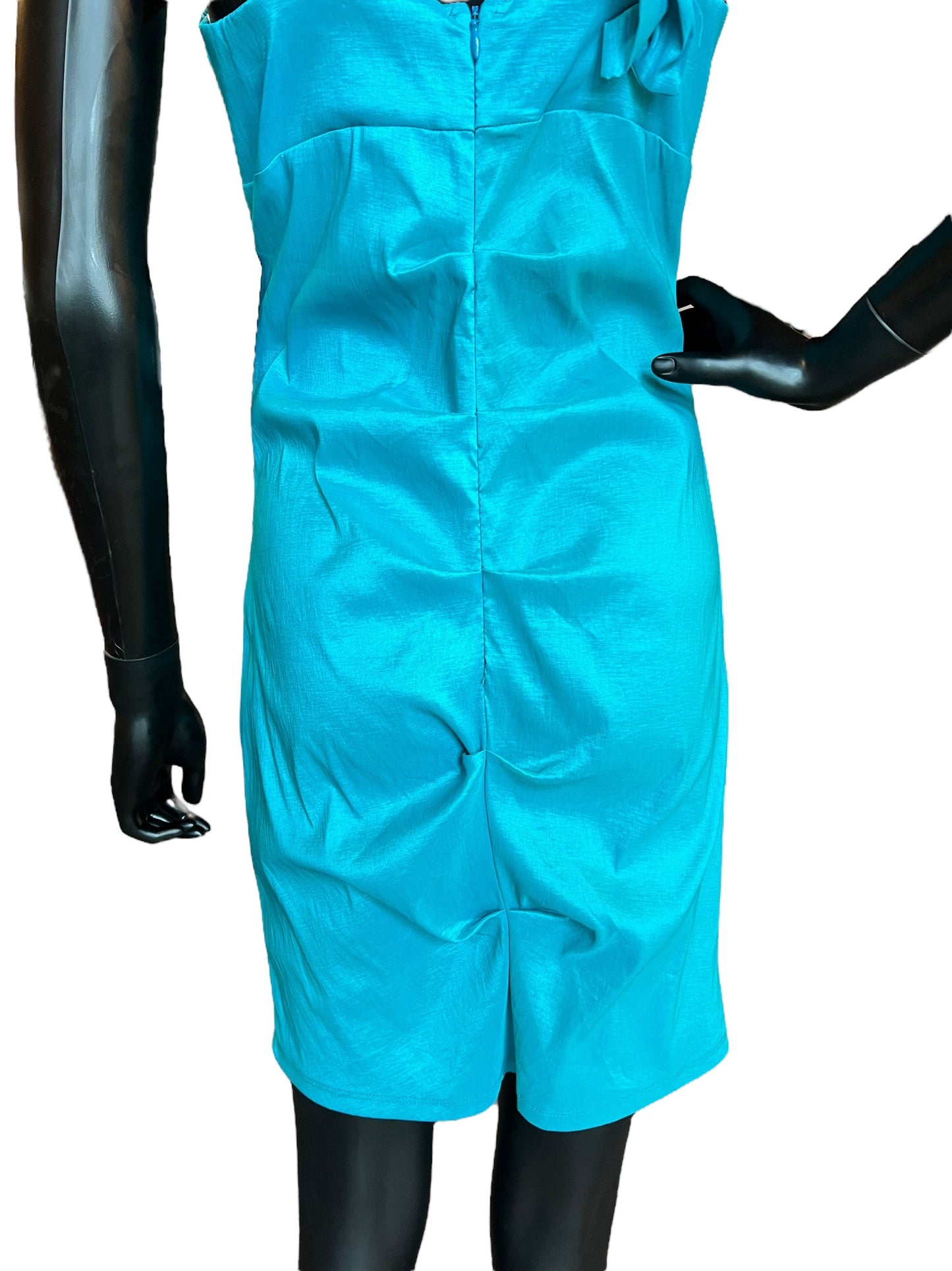 Turquoise Taffeta Floral Ruched Mid-Length Dress