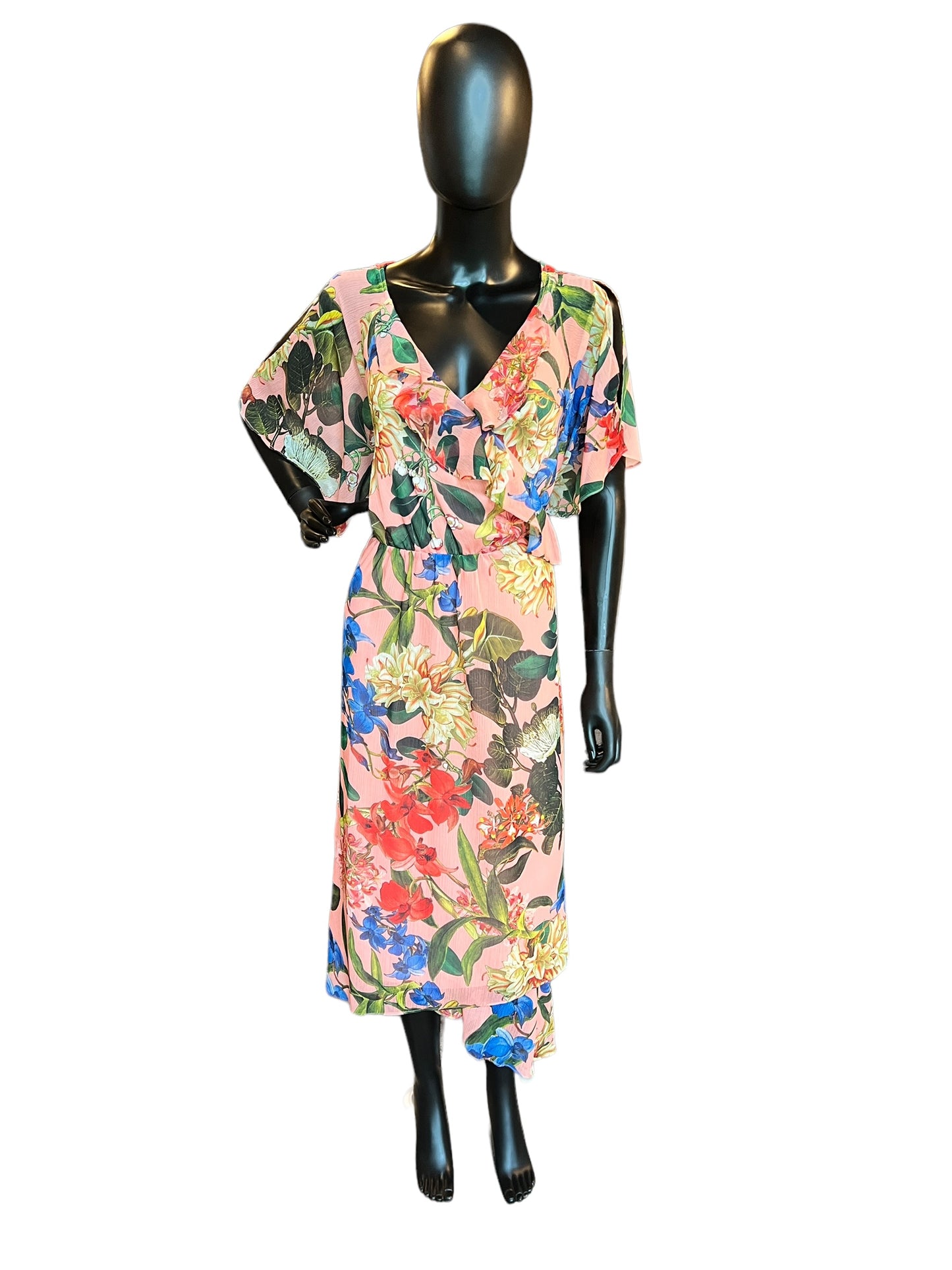 Coral & Floral Print Chiffon Flutter Mid-Length Dress - Gibson & Latimer