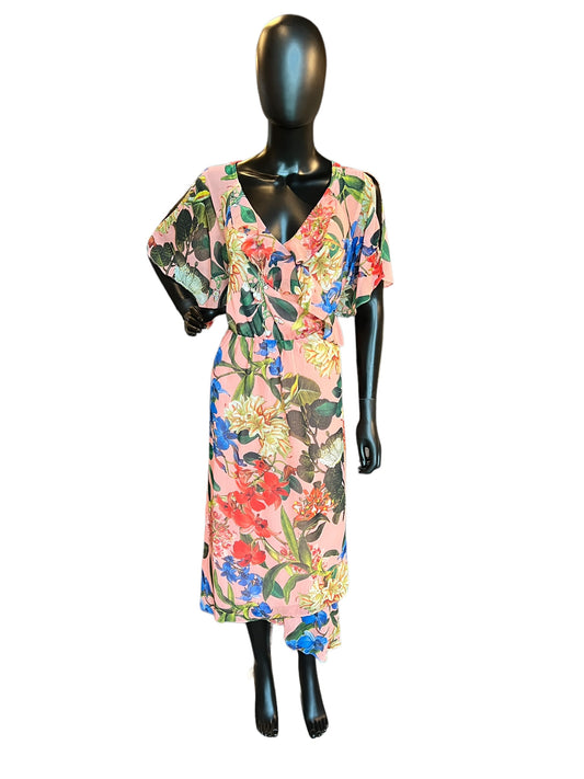 Coral & Floral Print Chiffon Flutter Mid-Length Dress - Gibson & Latimer