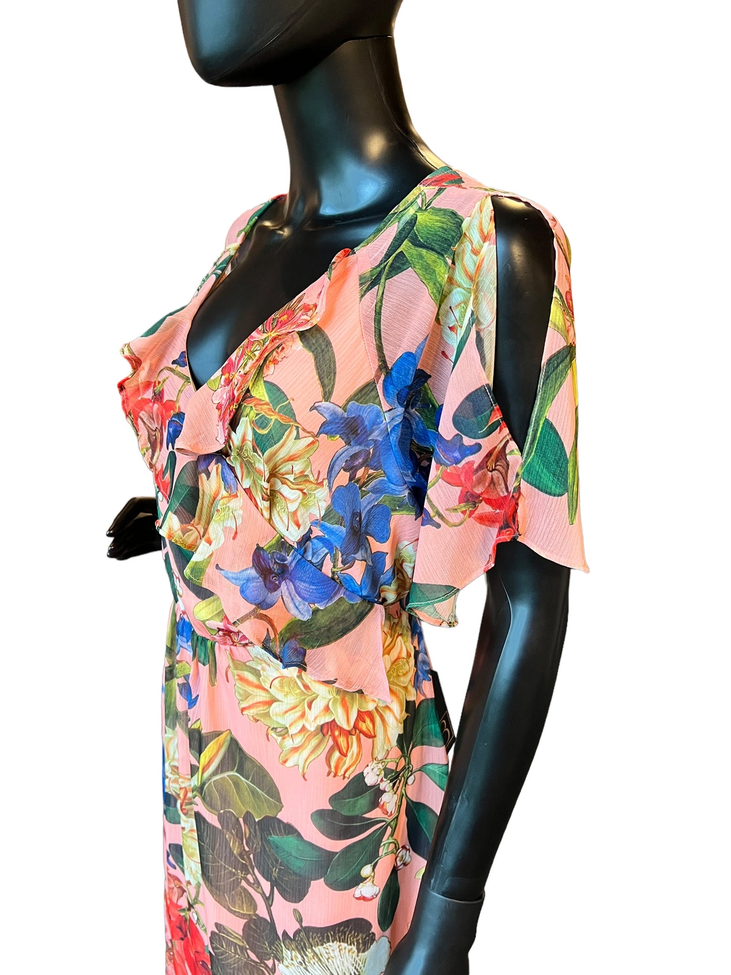 Coral & Floral Print Chiffon Flutter Mid-Length Dress - Gibson & Latimer