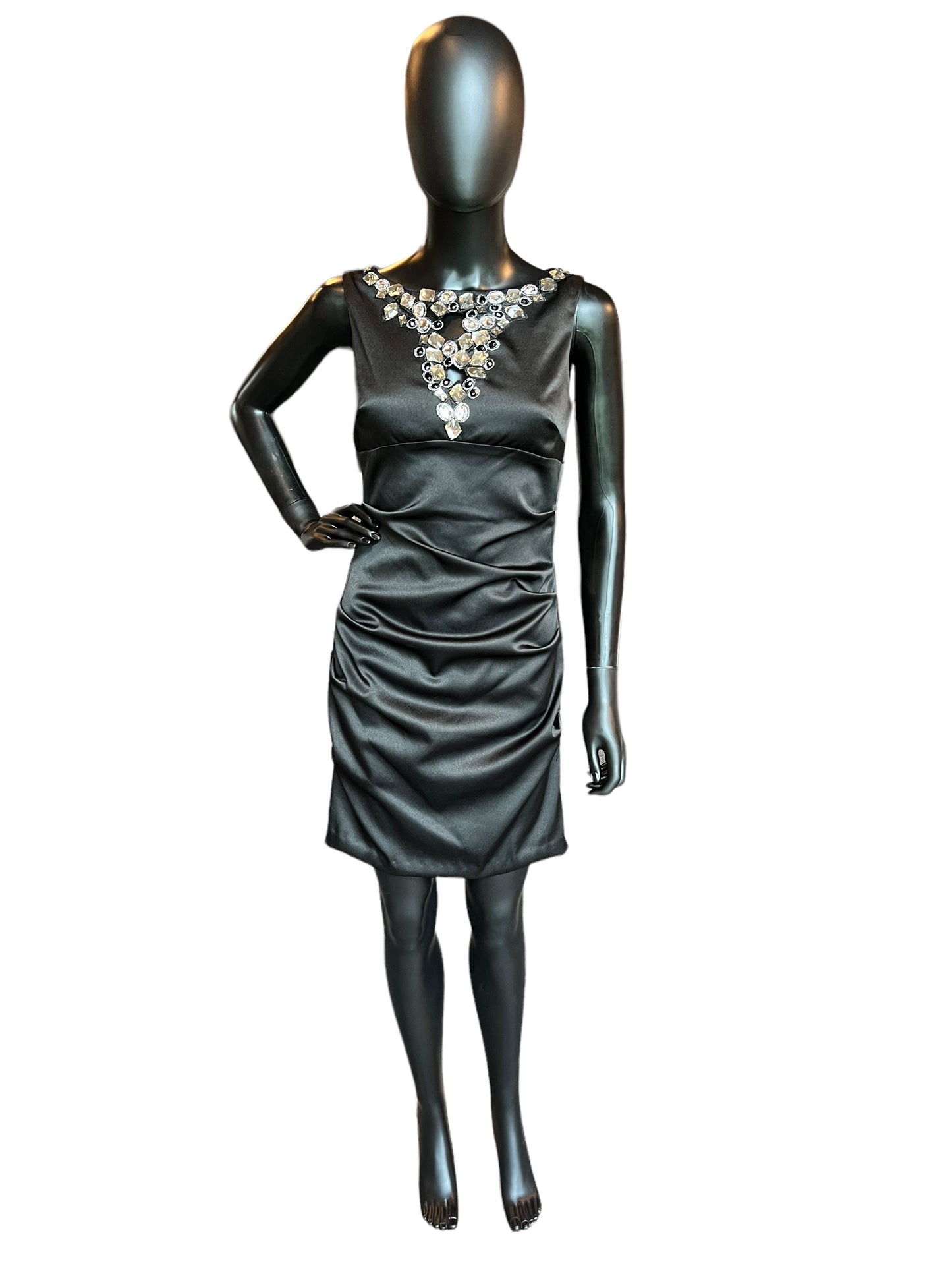 Black Satin Bejeweled Mid-Length Dress