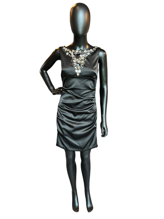 Black Satin Bejeweled Mid-Length Dress