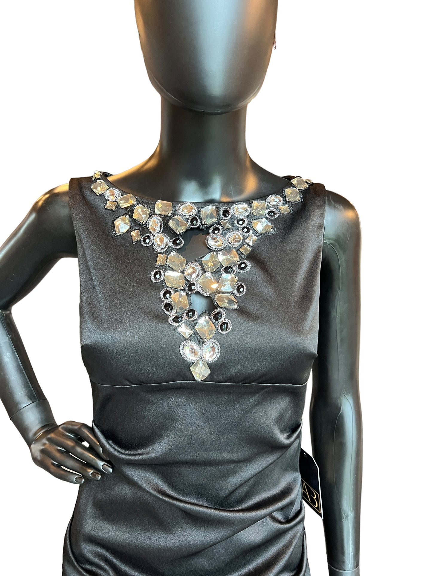 Black Satin Bejeweled Mid-Length Dress