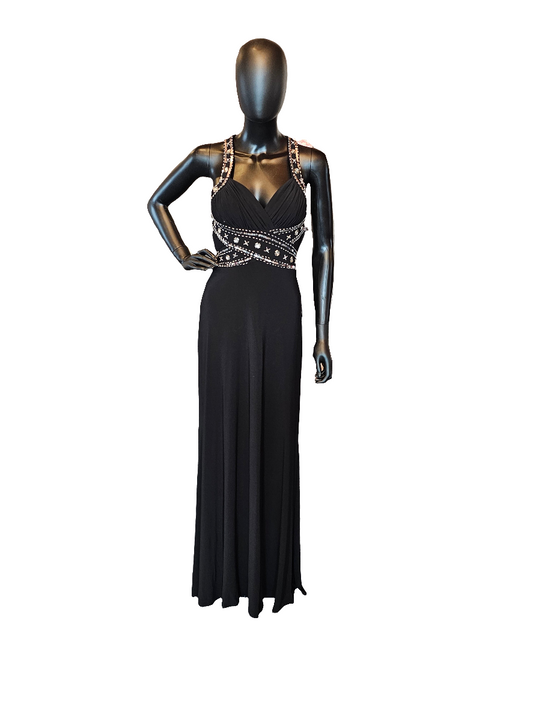 Black/Silver Sequin Cross Back Formal Full Length Dress