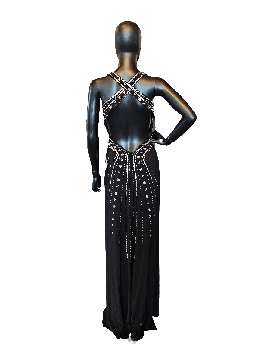 Black/Silver Sequin Cross Back Formal Full Length Dress