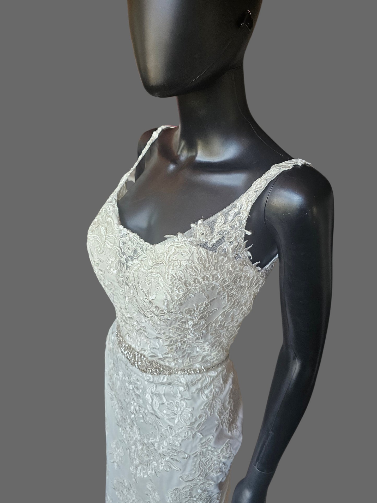 Lace V-Neck Belted Fit/Flare Wedding Gown - DaVinci