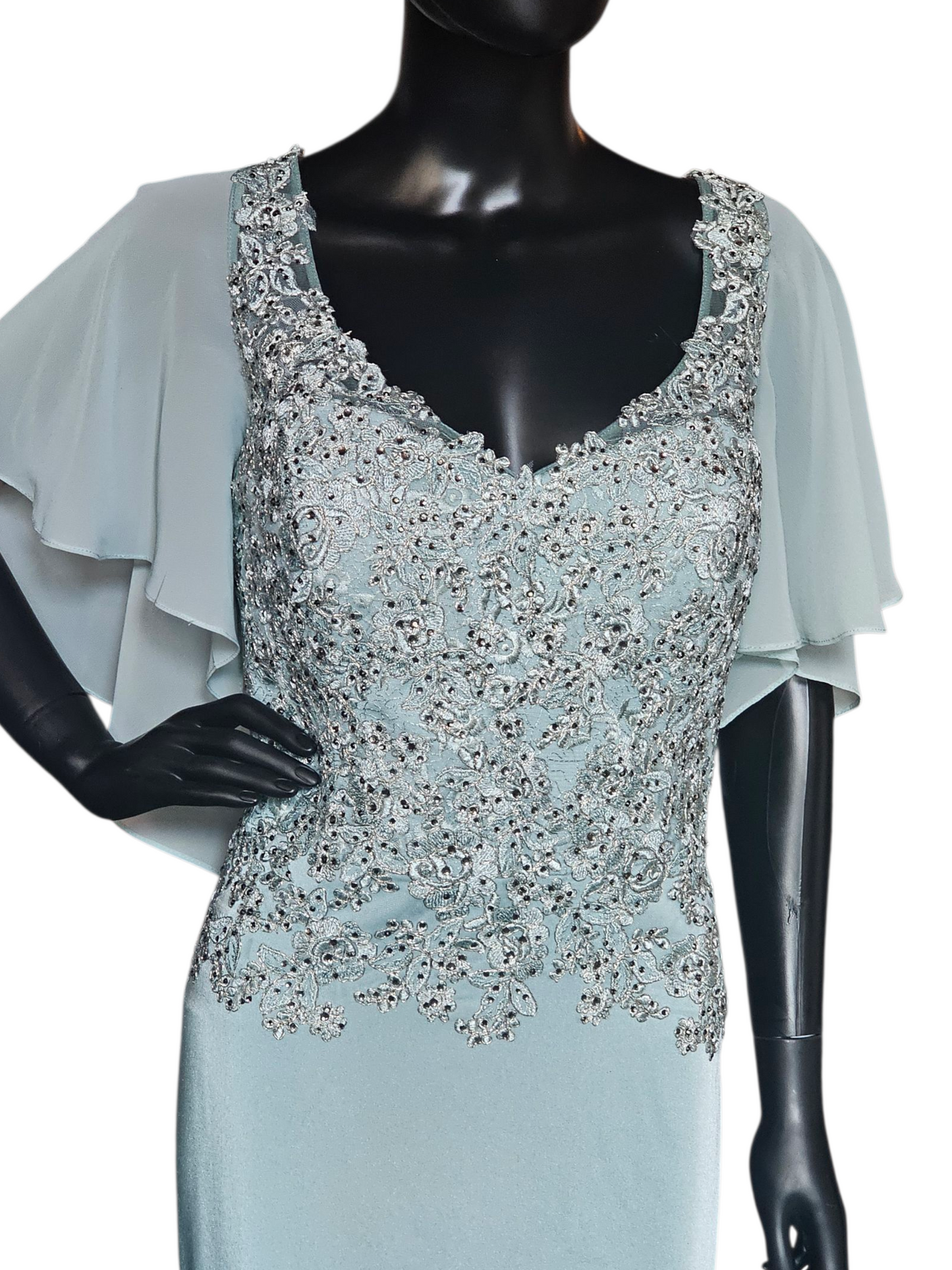 Deep Aqua/Silver Embroidered Chiffon Flutter Sleeve Formal Dress - Madeline Gardner