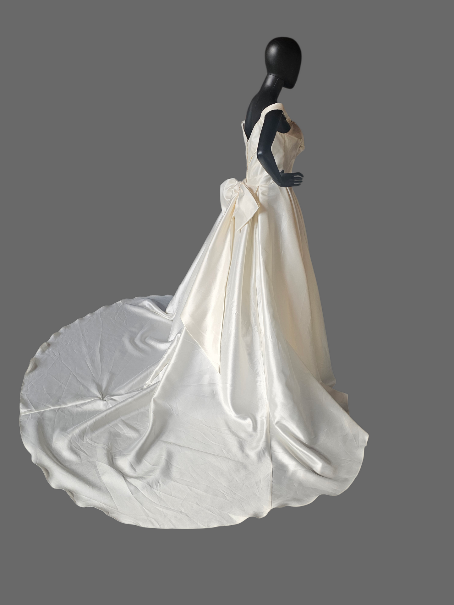 Ivory Mikado Off Shoulder  A-Line Wedding Gown W/Removable Bow - Ashley + Justin