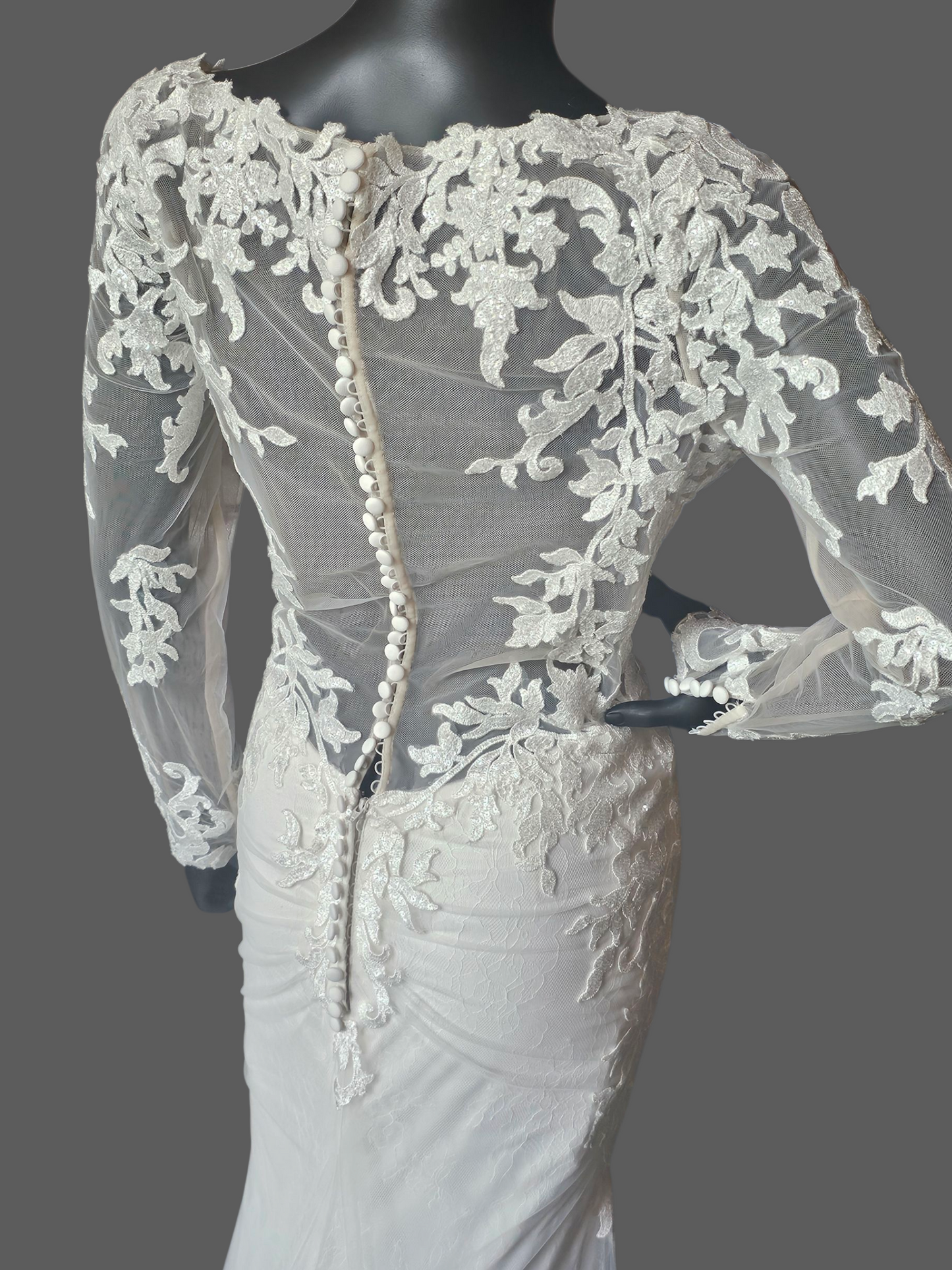 Ivory Lace Overlay Long Sleeve Plunge Fit/Flare Scallop Train Wedding Gown - Mori Lee