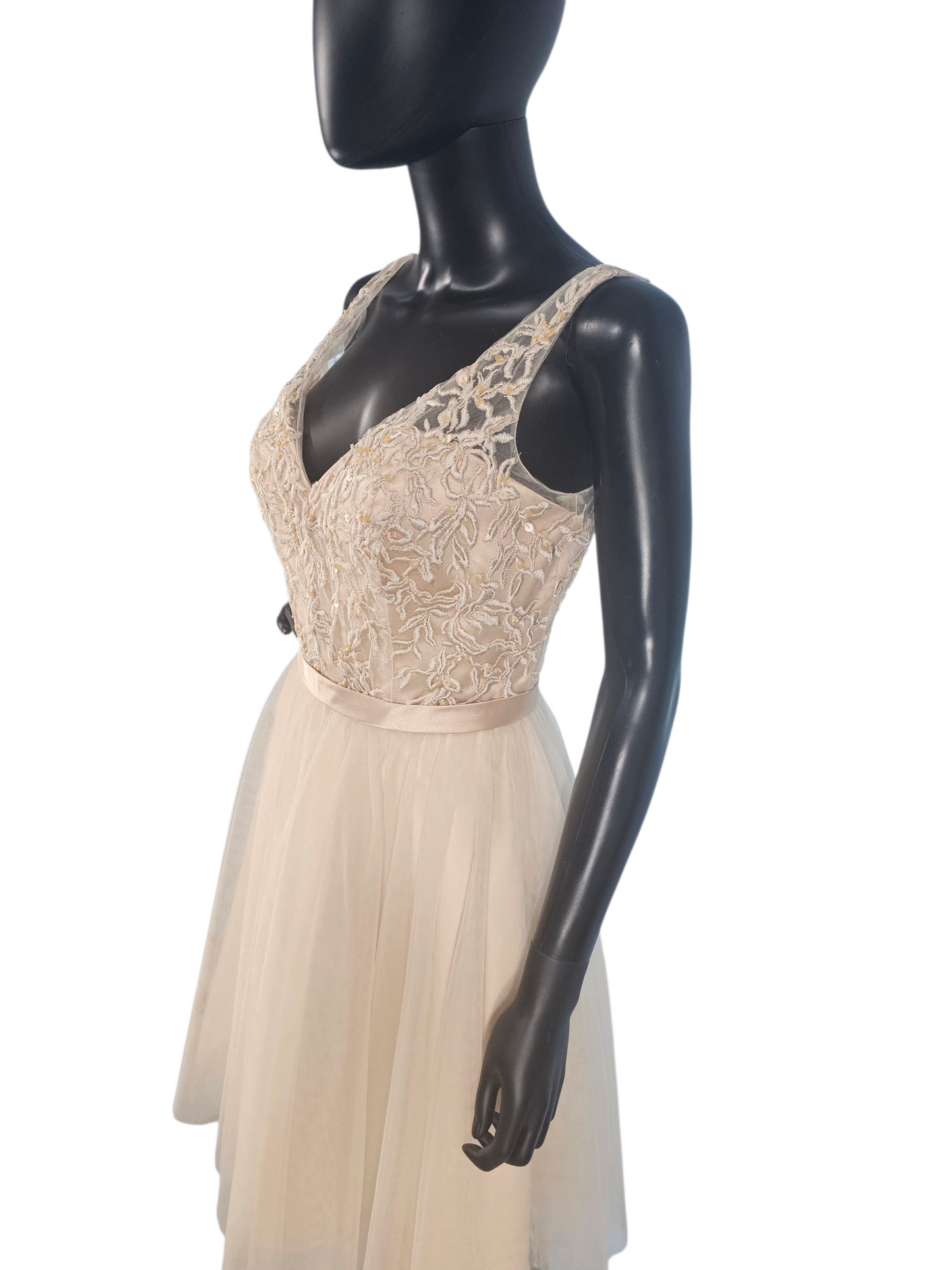 Champagne V-Neck Embroidered Formal Dress - Mori Lee