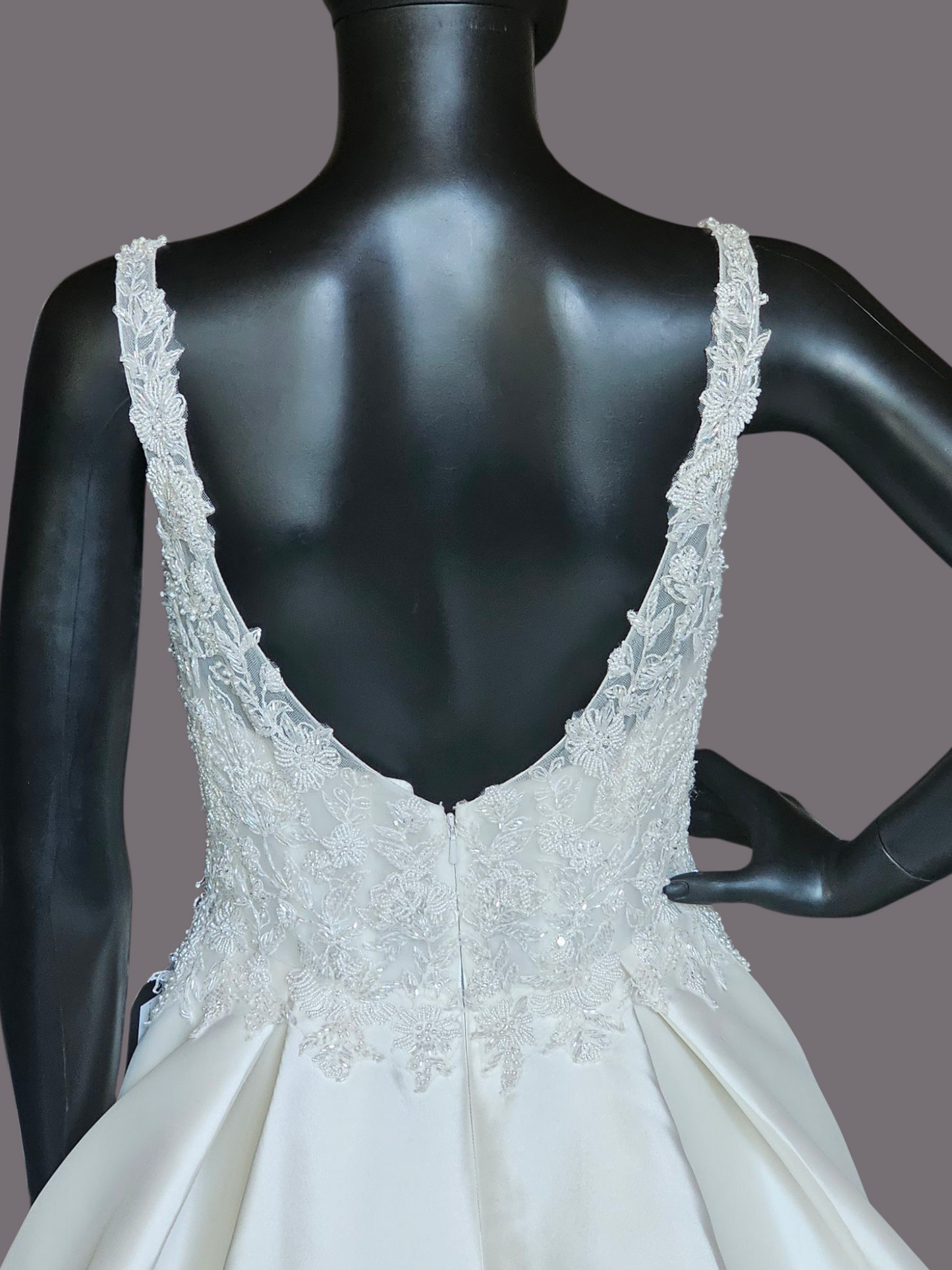 Ivory Ballgown Satin V-Neck Illusion Wedding Gown  - Da Vinci