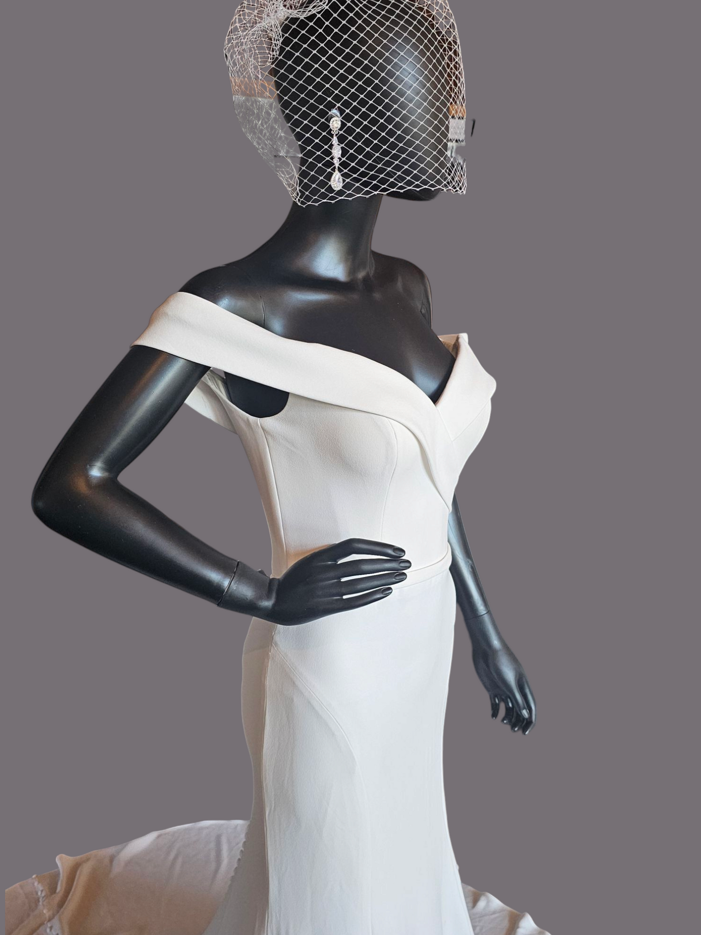 Ivory Off Shoulder Fitted Crepe Wedding Gown