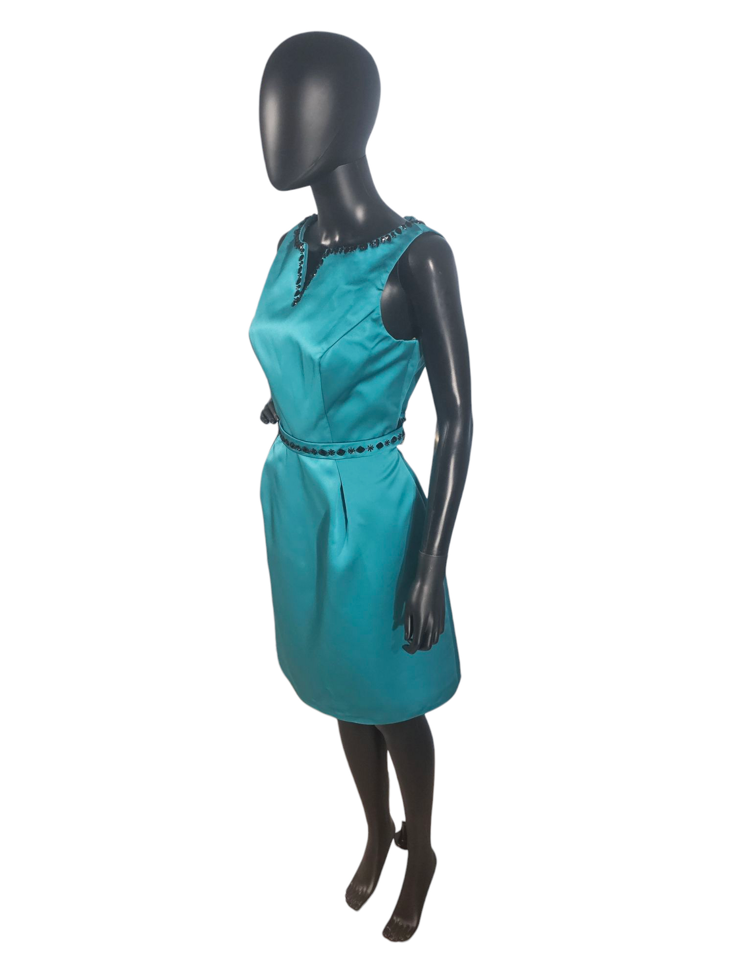 Teal Satin/Black Crystal A-Line Cocktail Dress - Da Vinci