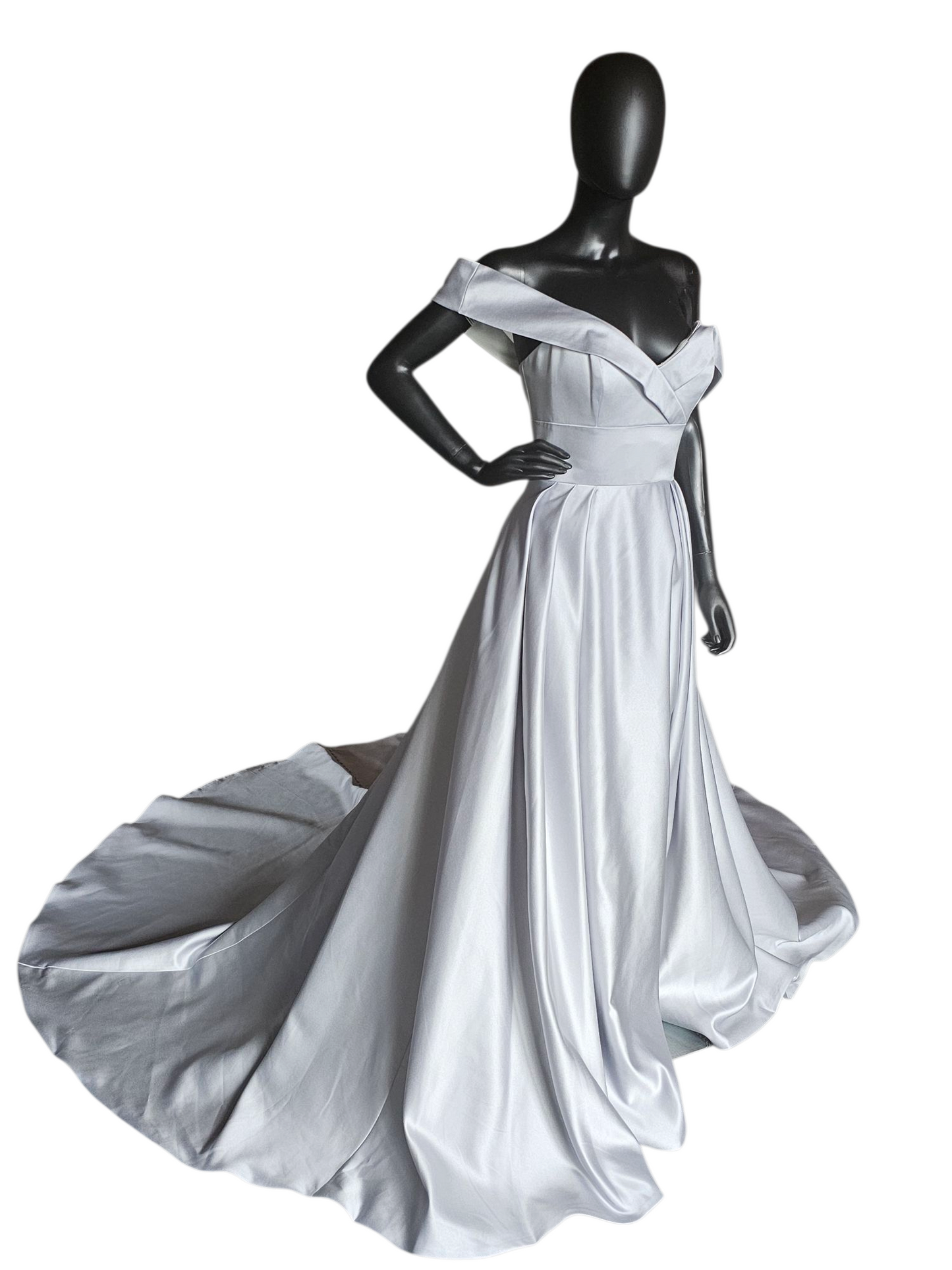 Off Shoulder Misty Blue Satin Wedding Gown - Morilee Madeline Gardner