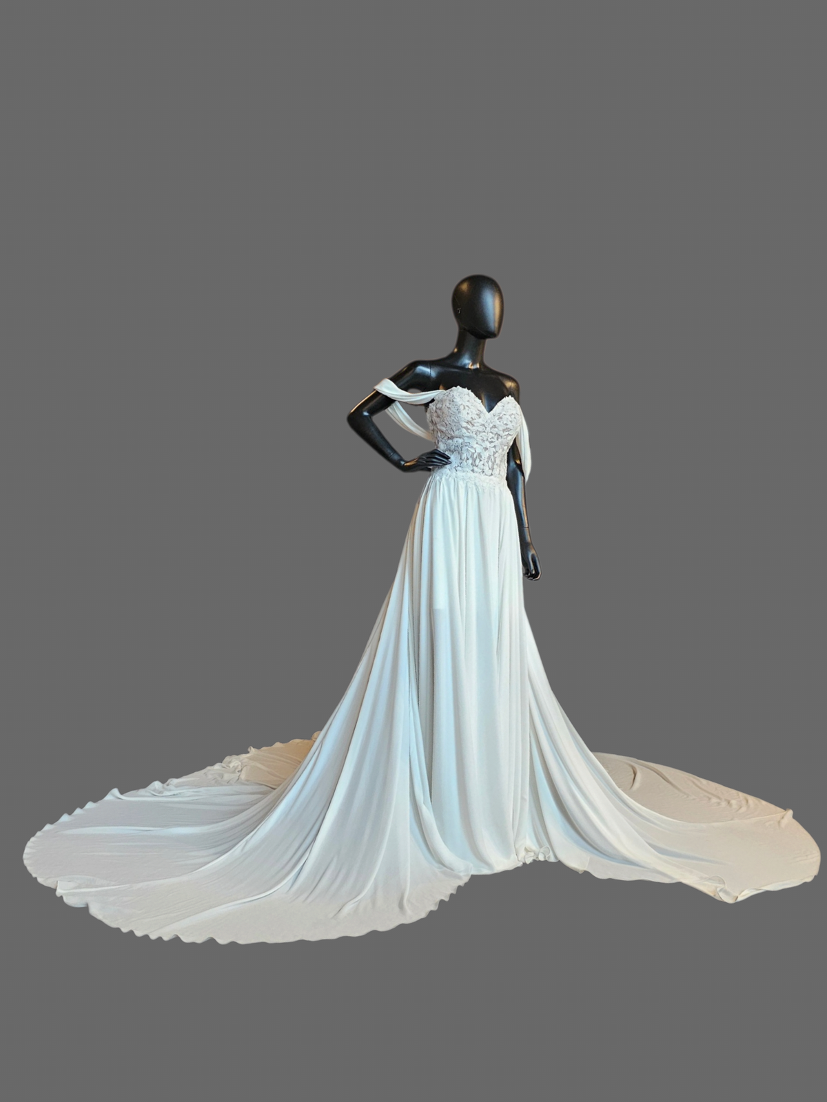 White Lace Drape Shoulder Butter Chiffon Wedding Gown - Dreams