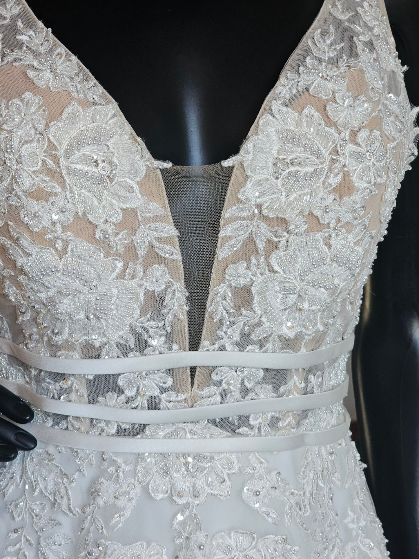 Ivory A-Line Illusion Bodice Floral Applique Wedding Gown - Bliss Bridal