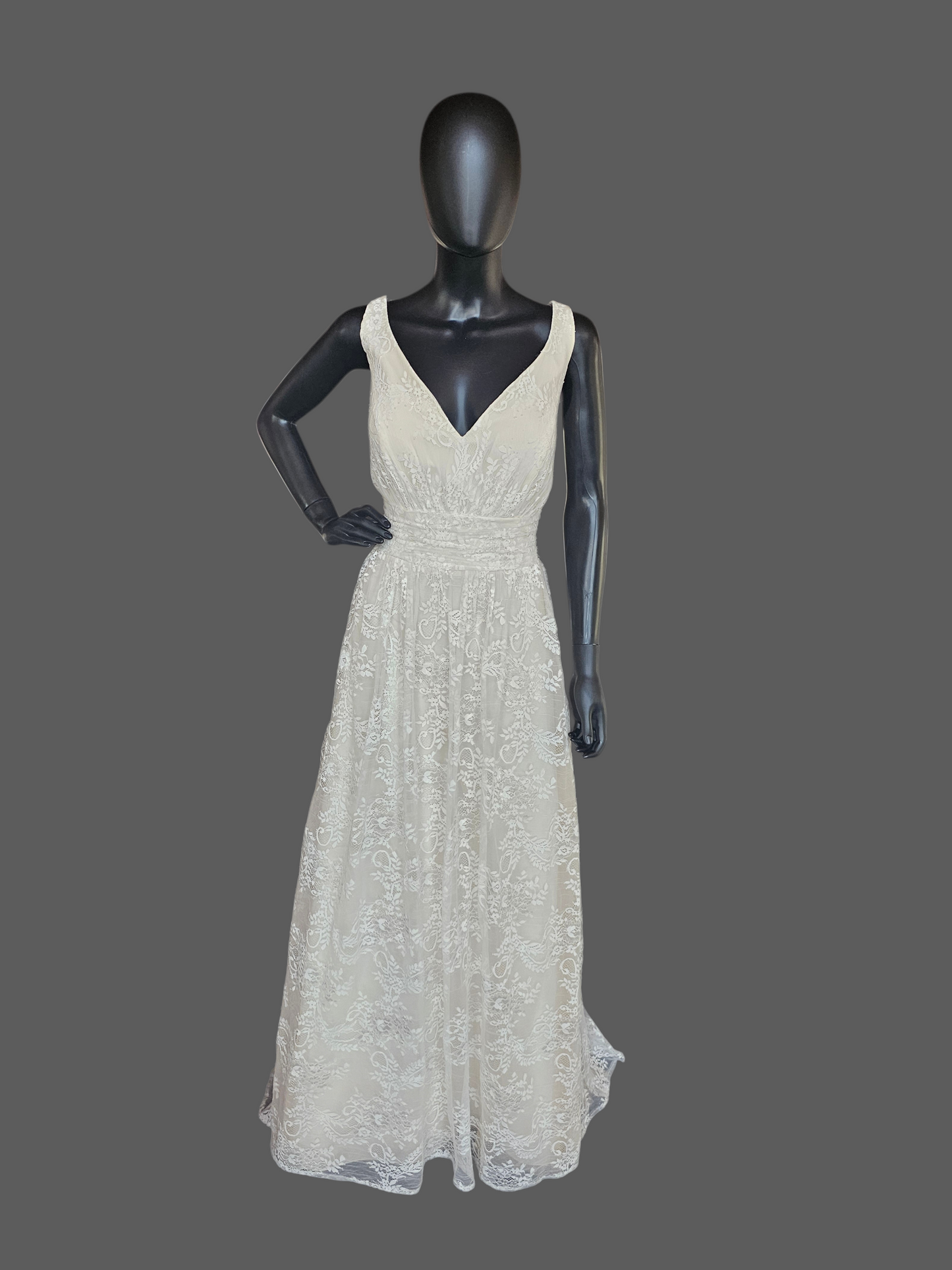 Ivory/Champagne Lace V-Neck Wedding Gown - Da Vinci