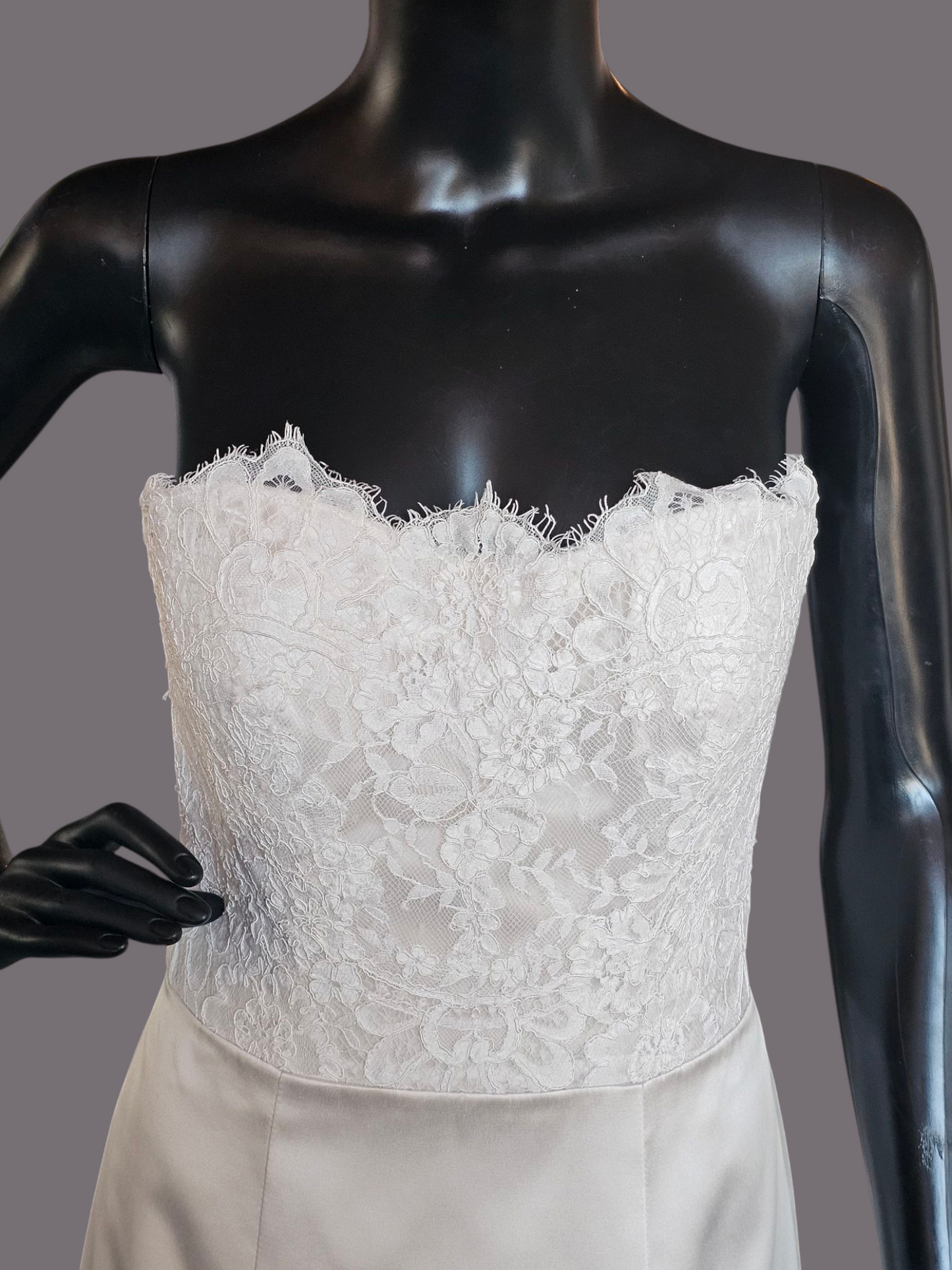 Oyster Satin/Lace Bodice Fit and Flare Wedding Gown
