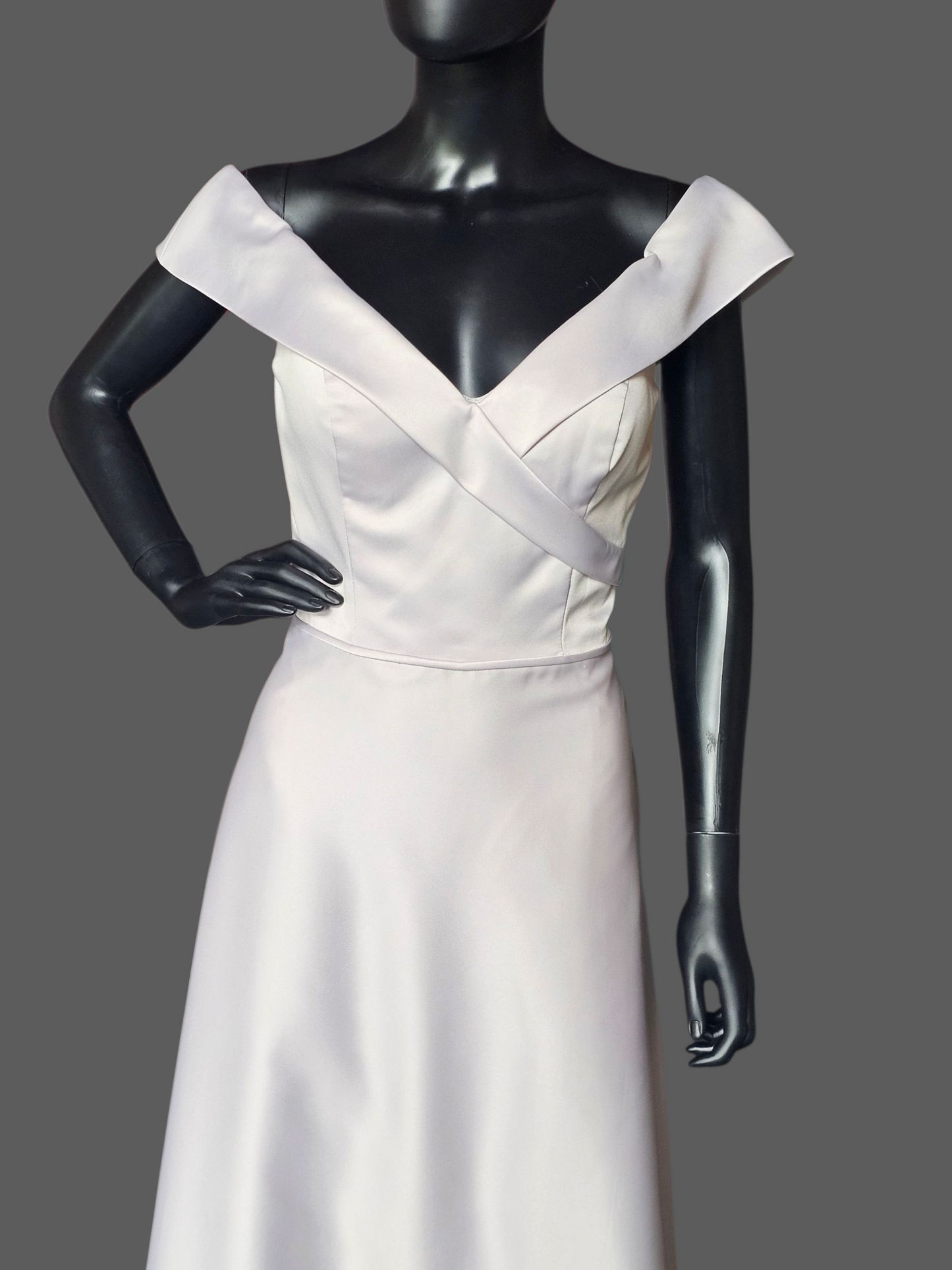 Dew Drop (Silver) Off Shoulder Satin Full Length A-Line Formal Dress - Mori Lee