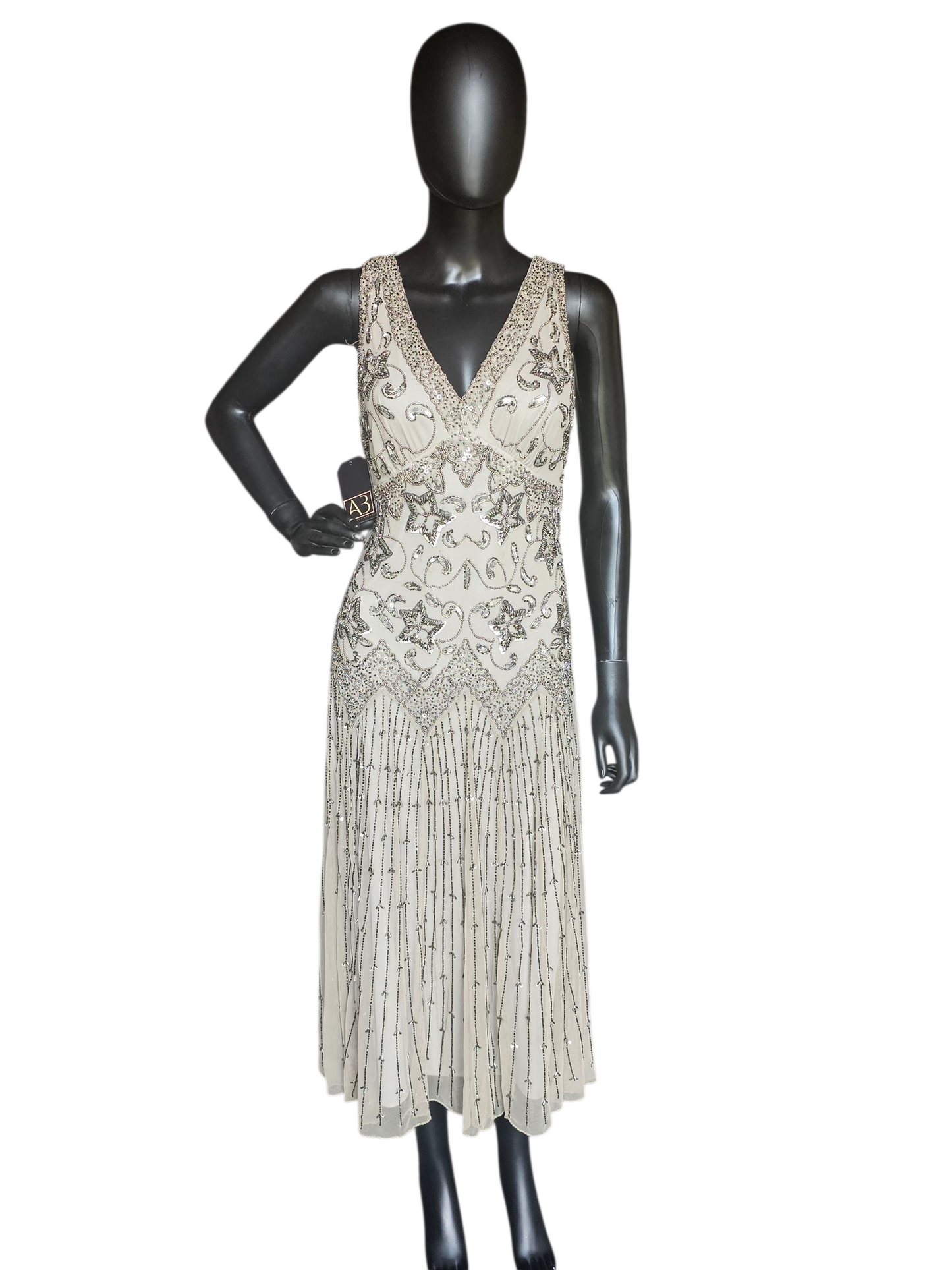Sage Green/Metallic Beaded Drop Waist Party Dress - Pissaro Nights