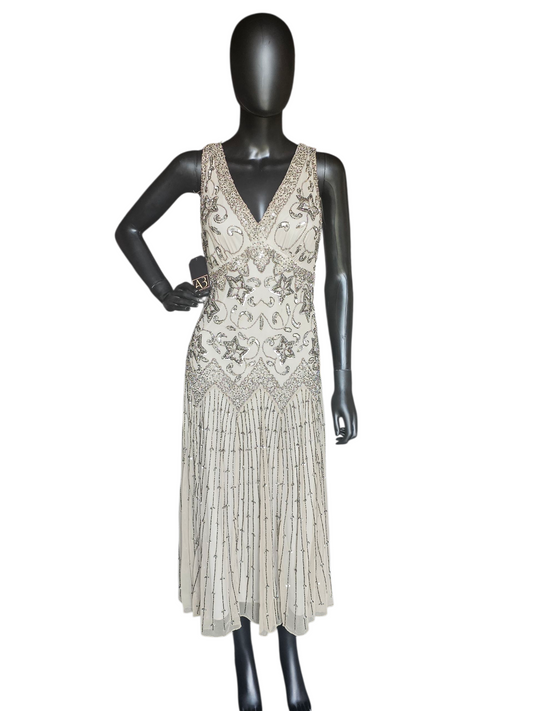 Sage Green/Metallic Beaded Drop Waist Party Dress - Pissaro Nights